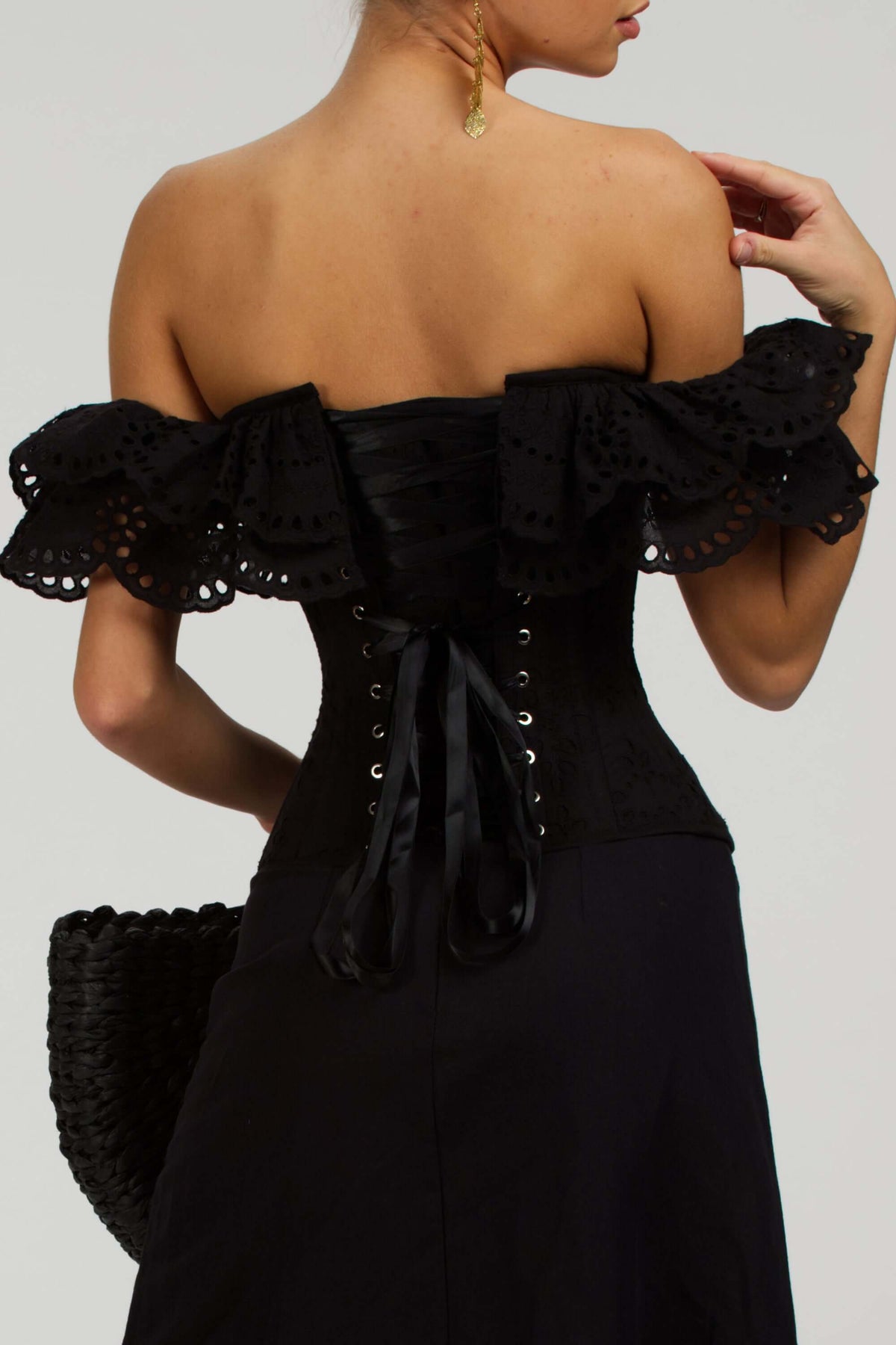 Alyssum Black Broderie Anglaise Cotton Corset Top With Double Frill Sleeves