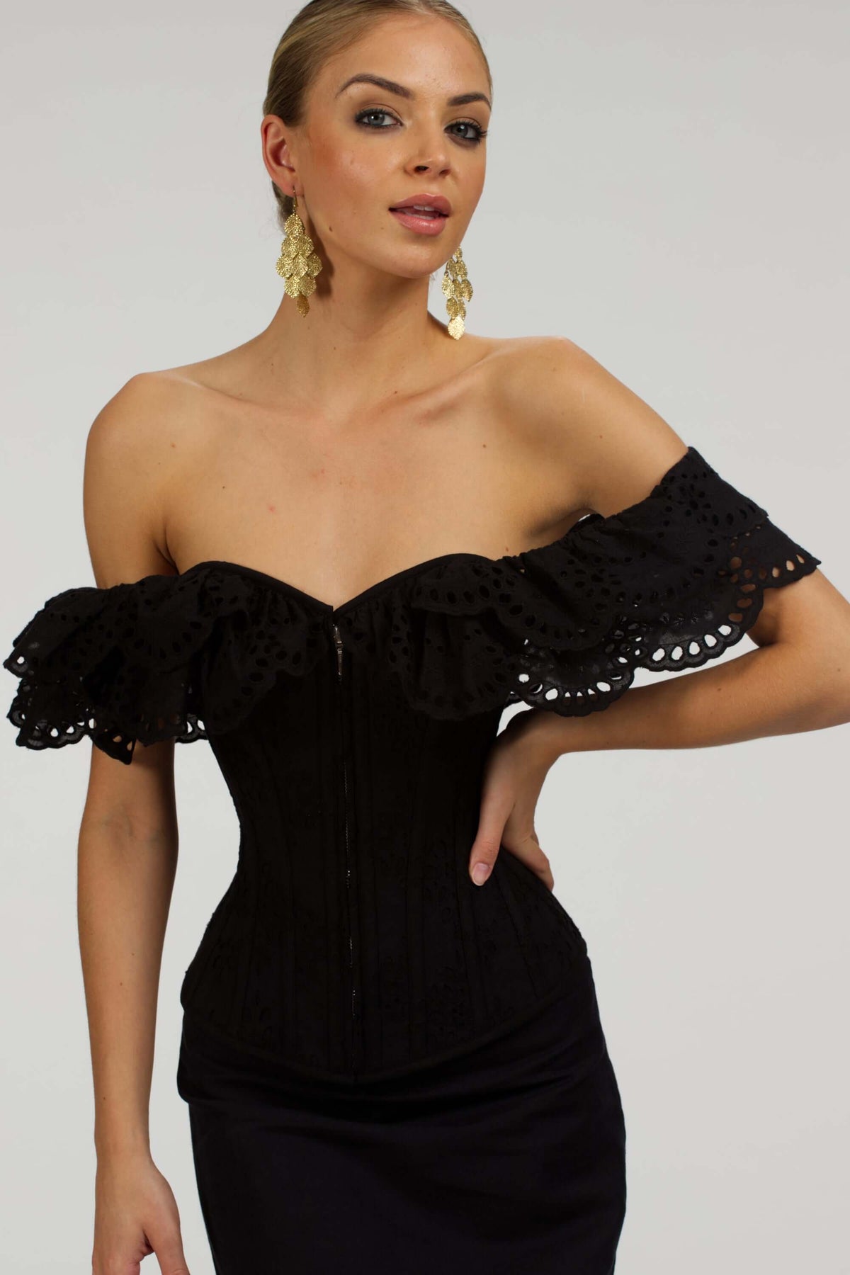 Alyssum Black Broderie Anglaise Cotton Corset Top With Double Frill Sleeves