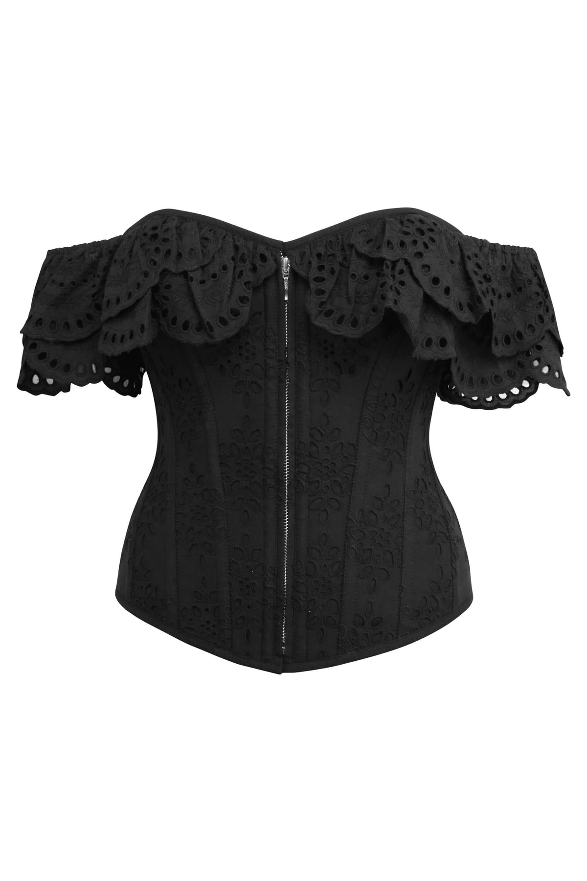 Alyssum Black Broderie Anglaise Cotton Corset Top With Double Frill Sleeves