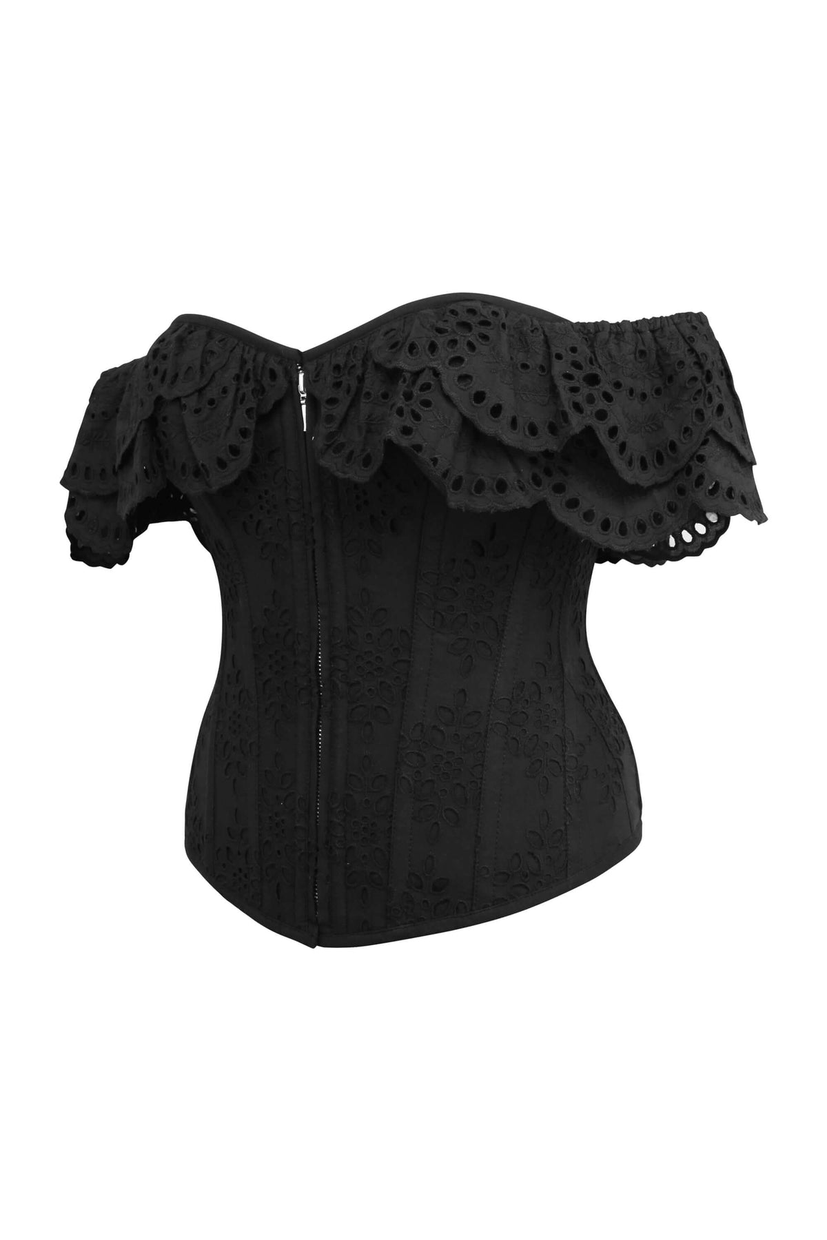 Alyssum Black Broderie Anglaise Cotton Corset Top With Double Frill Sleeves
