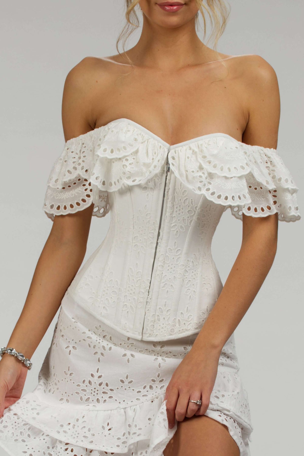 Alyssum White Broderie Anglaise Cotton Corset Top With Double Frill Sleeves