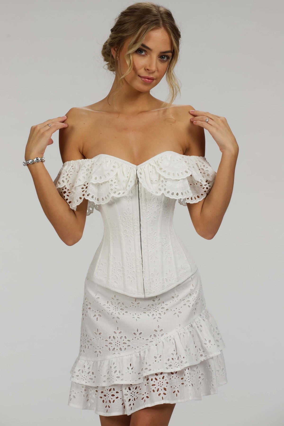 Alyssum White Broderie Anglaise Cotton Corset Top With Double Frill Sleeves