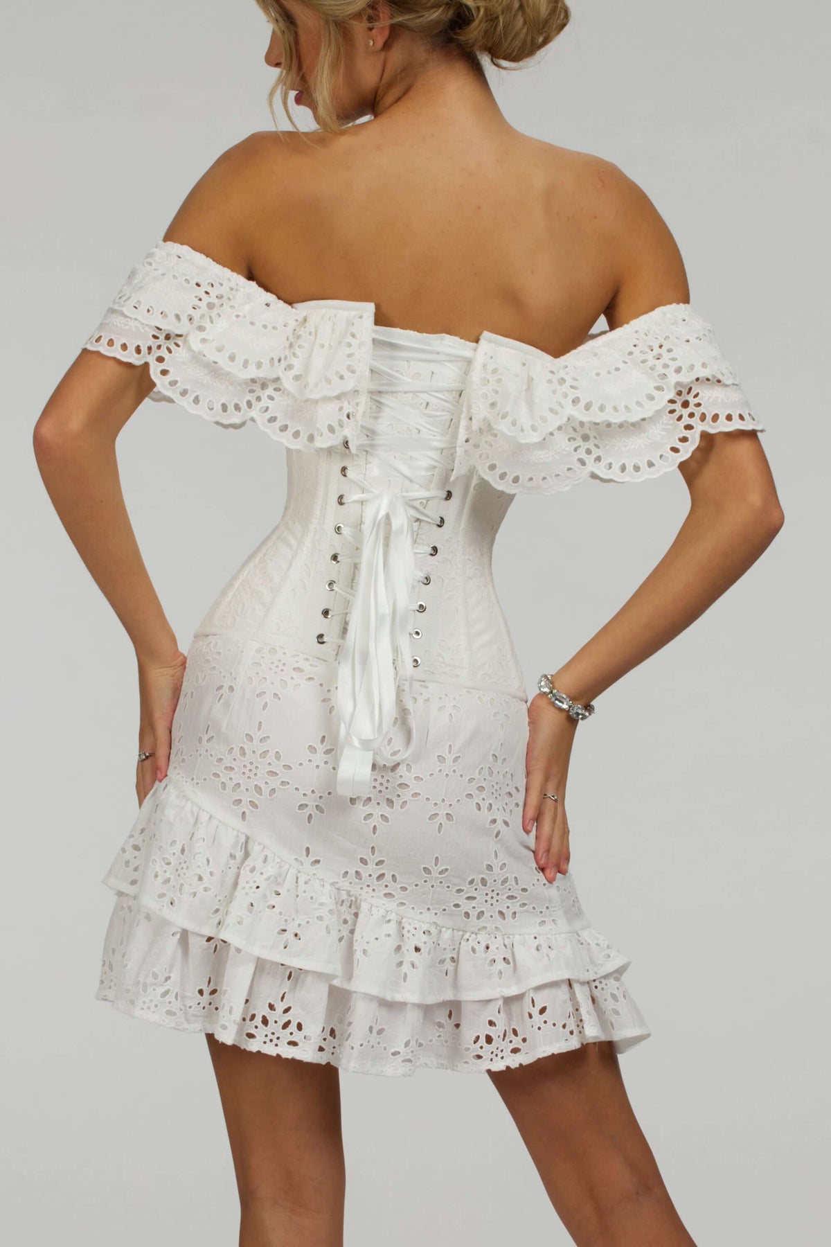 Alyssum White Broderie Anglaise Cotton Corset Top With Double Frill Sleeves