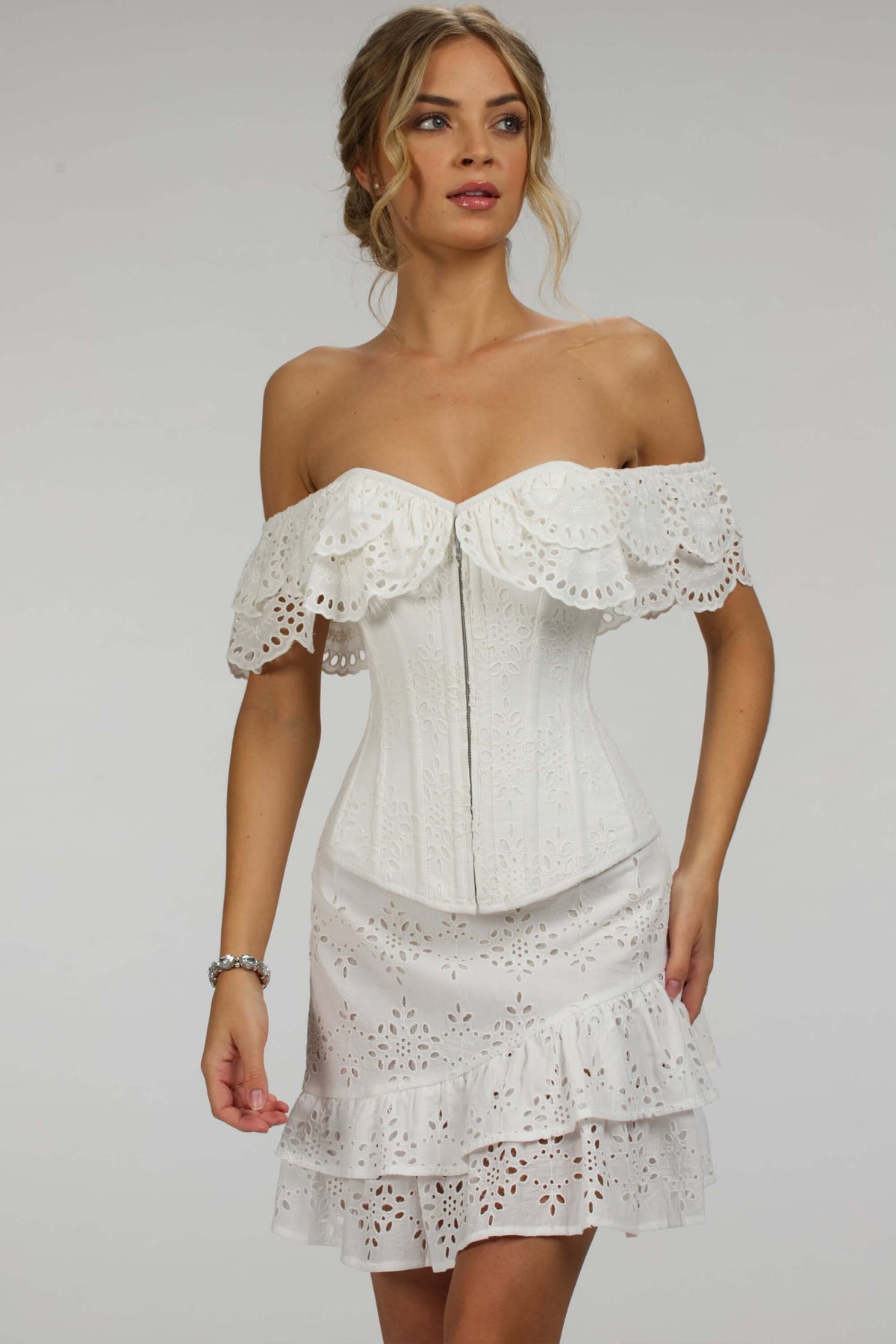 Alyssum White Broderie Anglaise Cotton Corset Top With Double Frill Sleeves