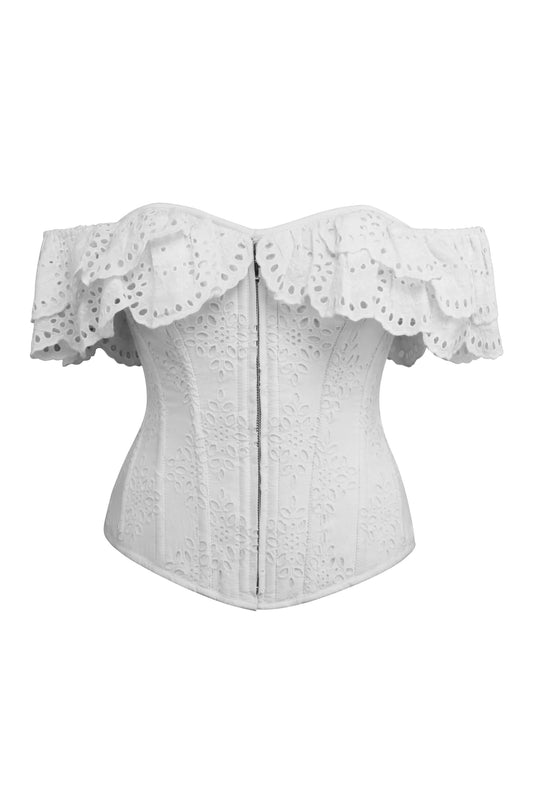 Alyssum White Broderie Anglaise Cotton Corset Top With Double Frill Sleeves