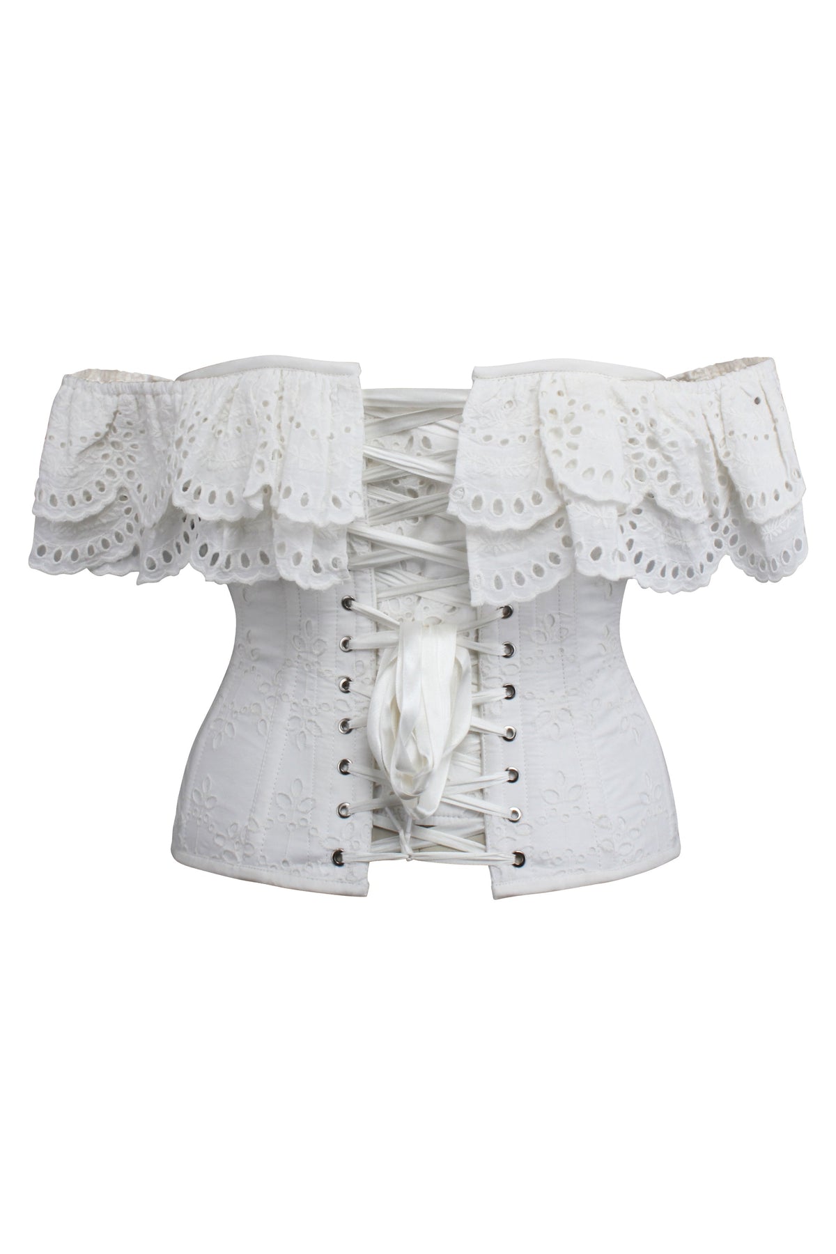 Alyssum White Broderie Anglaise Cotton Corset Top With Double Frill Sleeves