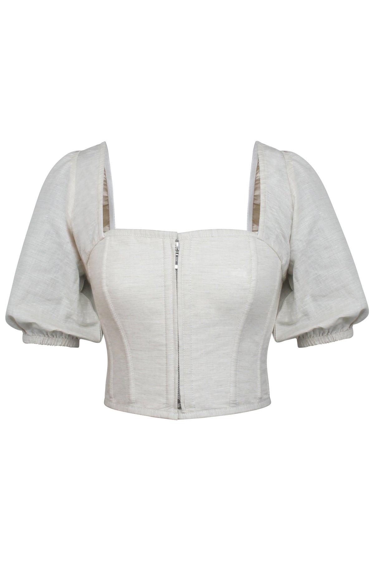 Fern Oatmeal Linen Cropped Corset With Puff Sleeves