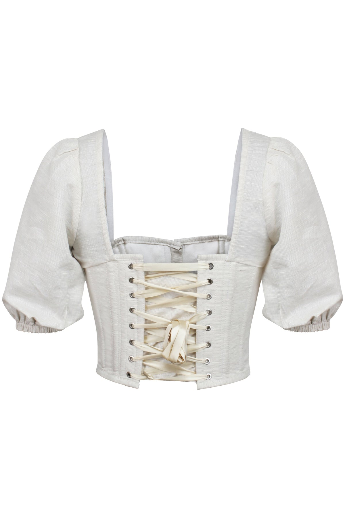 Fern Oatmeal Linen Cropped Corset With Puff Sleeves