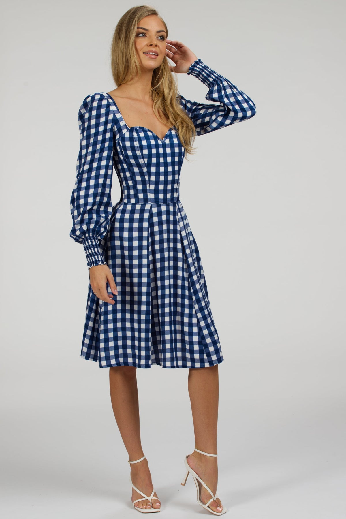 Sunflower Gingham Blue Viscose Corset Dress With Long Sleeves
