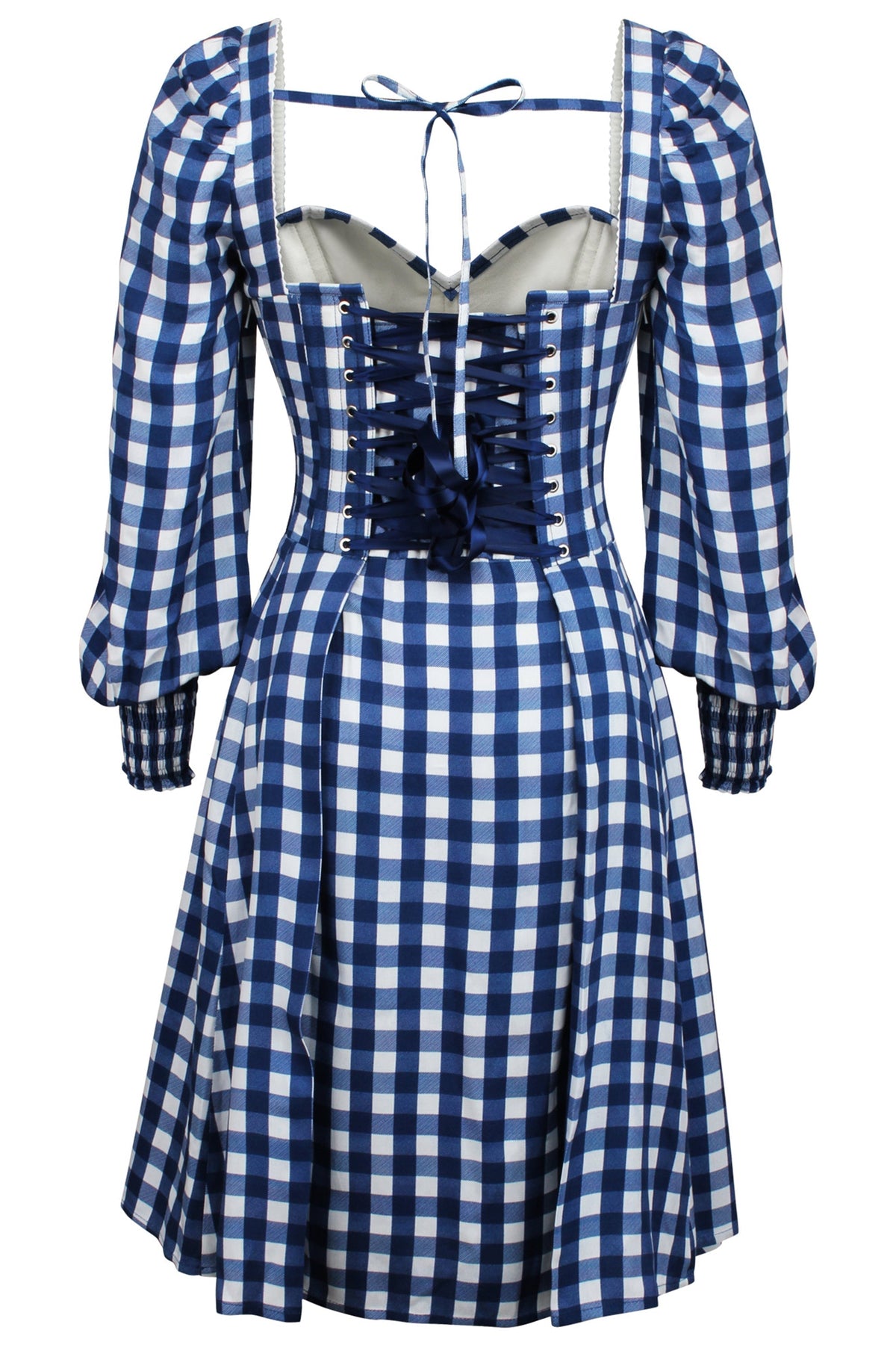 Sunflower Gingham Blue Viscose Corset Dress With Long Sleeves
