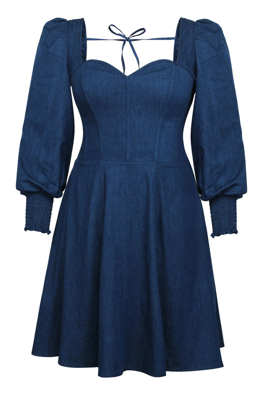 Sunflower Blue Chambray Corset Dress With Long Sleeves