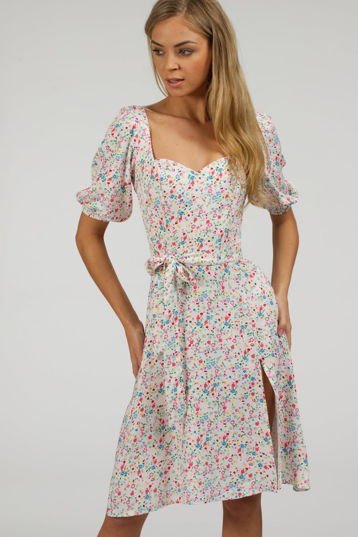 Gladiolus Ditsy Viscose Corset Dress With Puff Sleeves