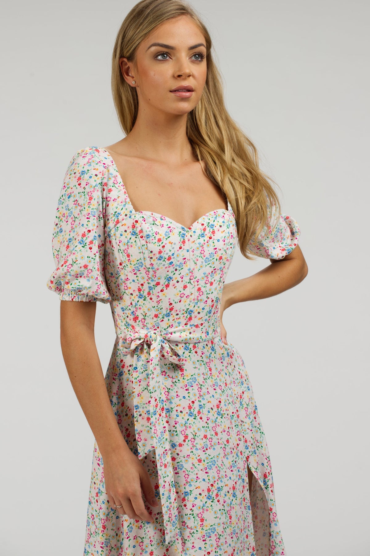 Gladiolus Ditsy Viscose Corset Dress With Puff Sleeves