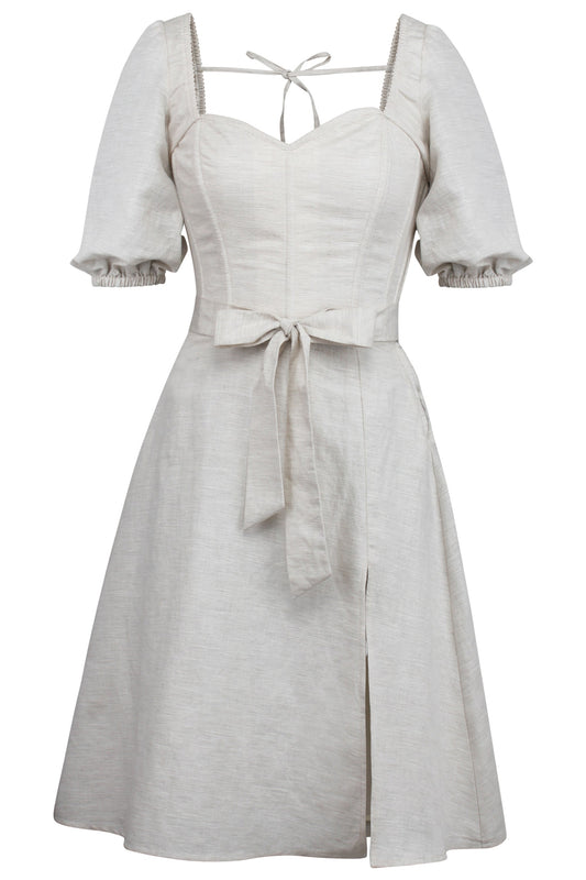 Gladiolus Oatmeal Linen Corset Dress With Puff Sleeves