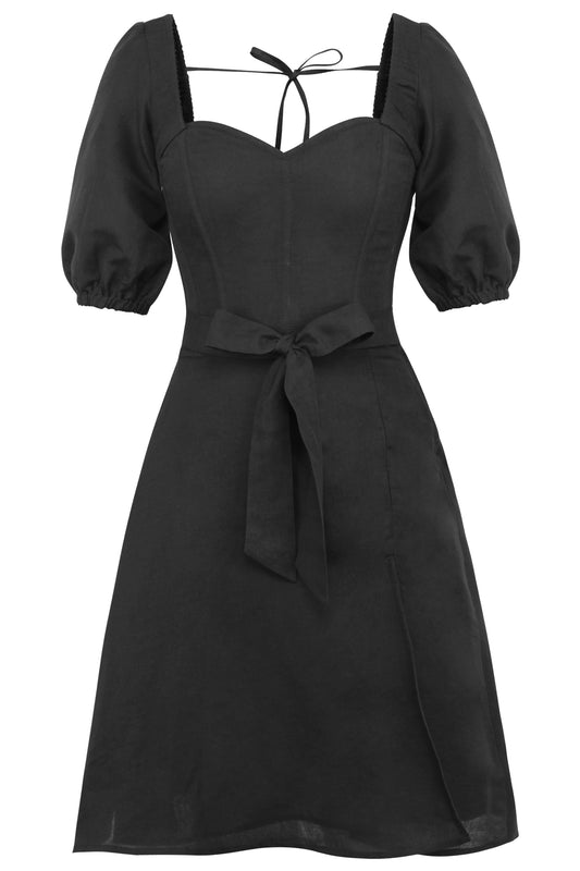 Gladiolus Black Linen Corset Dress With Puff Sleeves