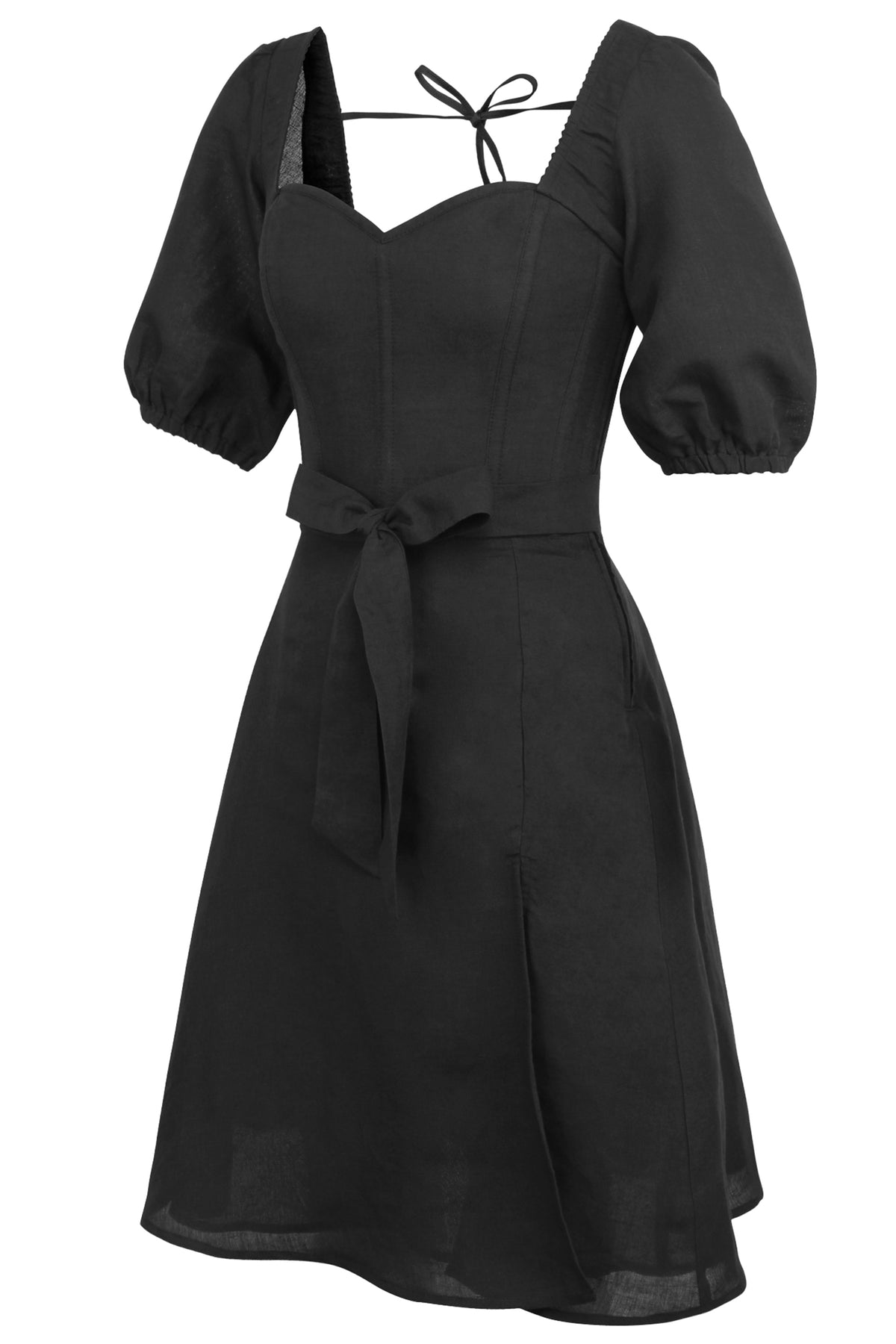 Gladiolus Black Linen Corset Dress With Puff Sleeves