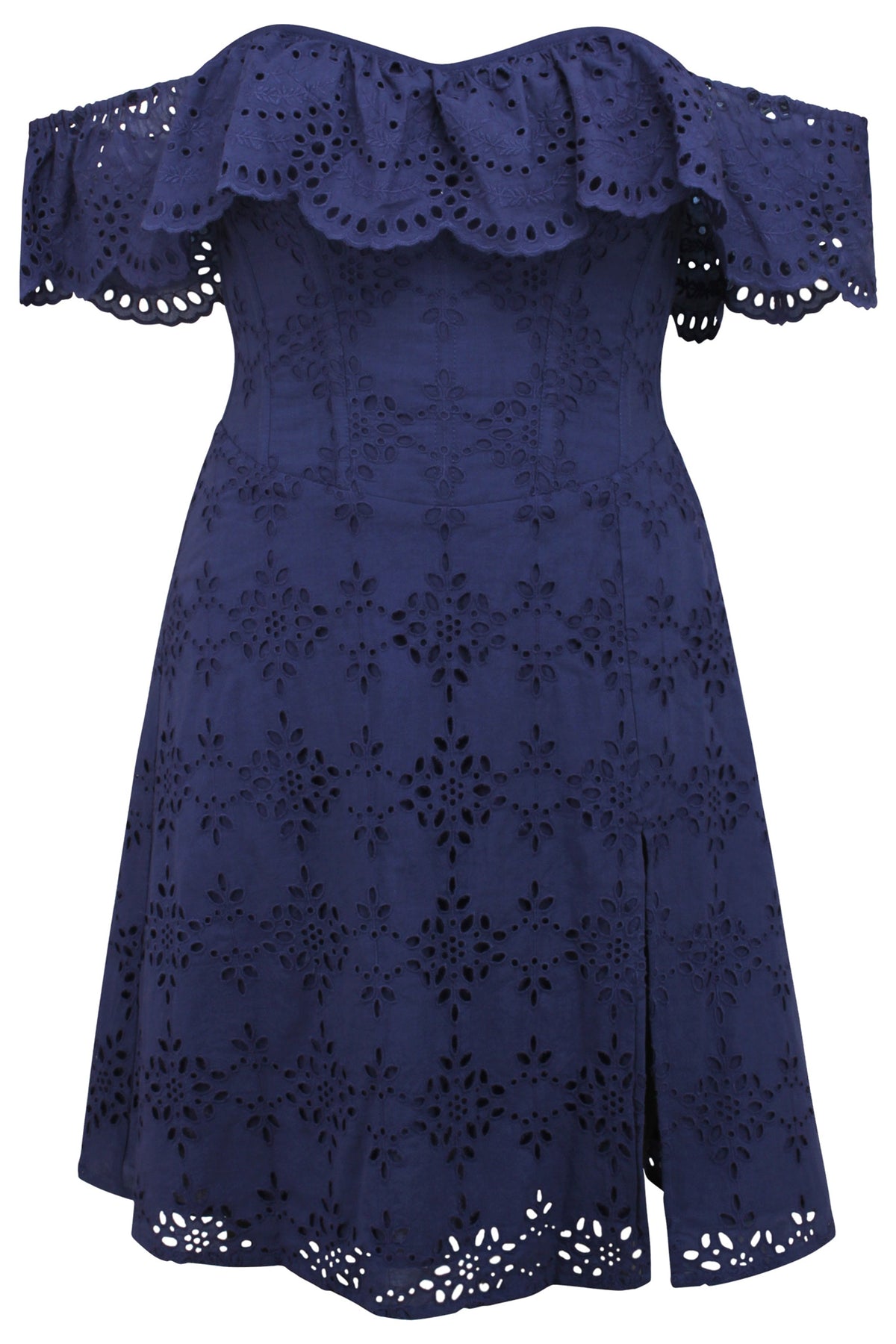 Peony Summer Navy Broderie Anglaise Cotton Corset Dress With Off The Shoulder Frill