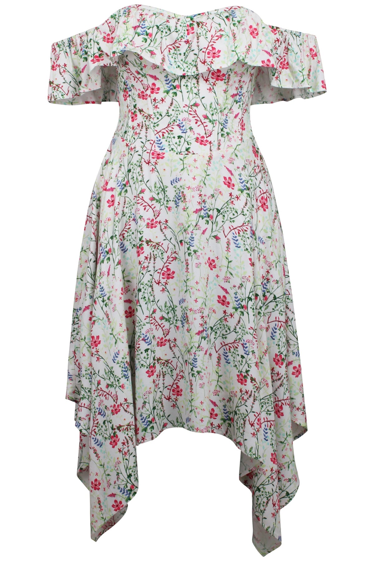 Cassia Meadow Viscose Corset Dress With Bardot Neckline And Handkerchief Hem