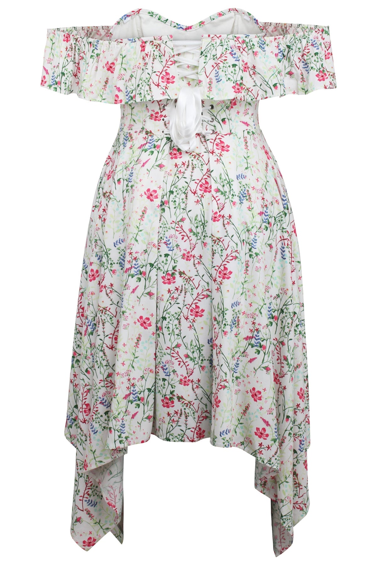 Cassia Meadow Viscose Corset Dress With Bardot Neckline And Handkerchief Hem
