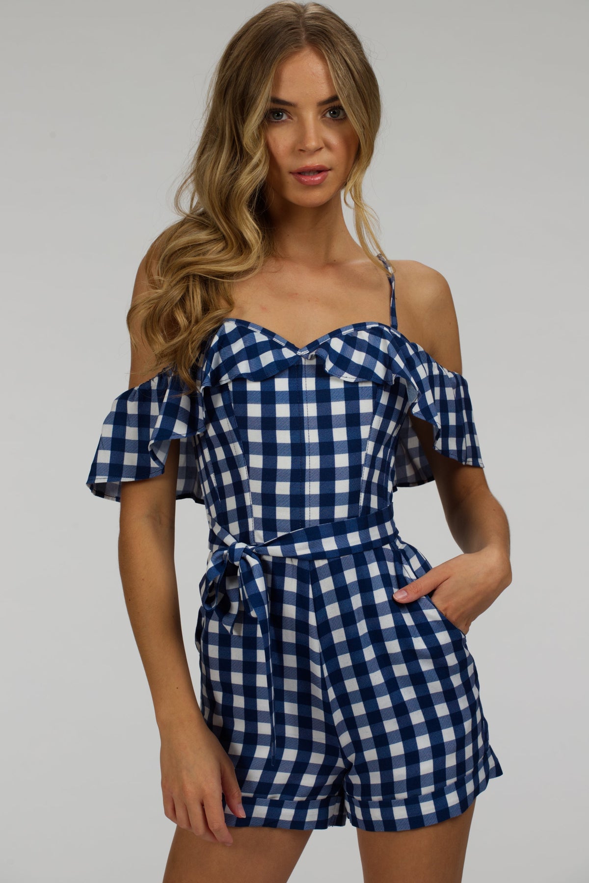 Ivy Gingham Blue Viscose Corset Playsuit With Off The Shoulder Sleeves