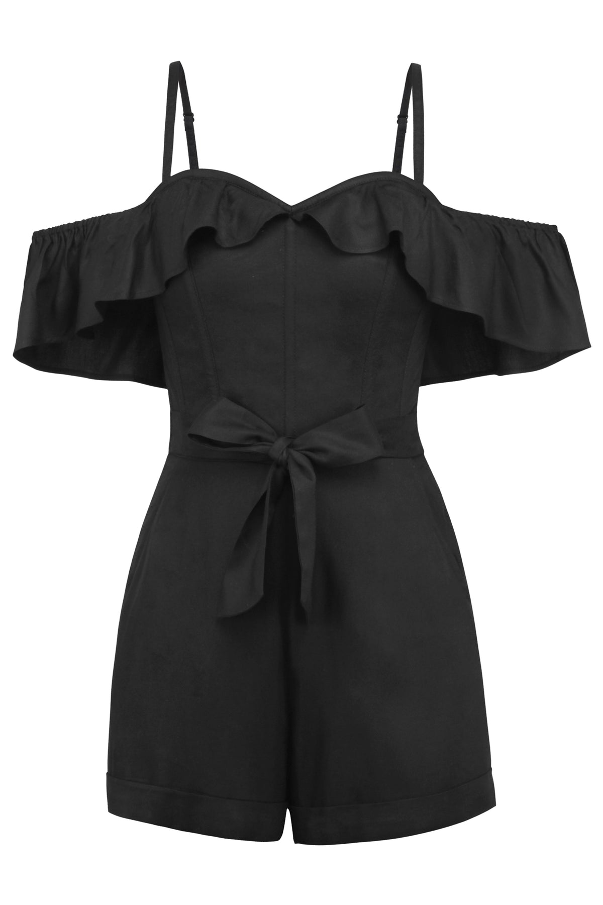 Ivy Black Viscose Corset Playsuit With Off The Shoulder Sleeves
