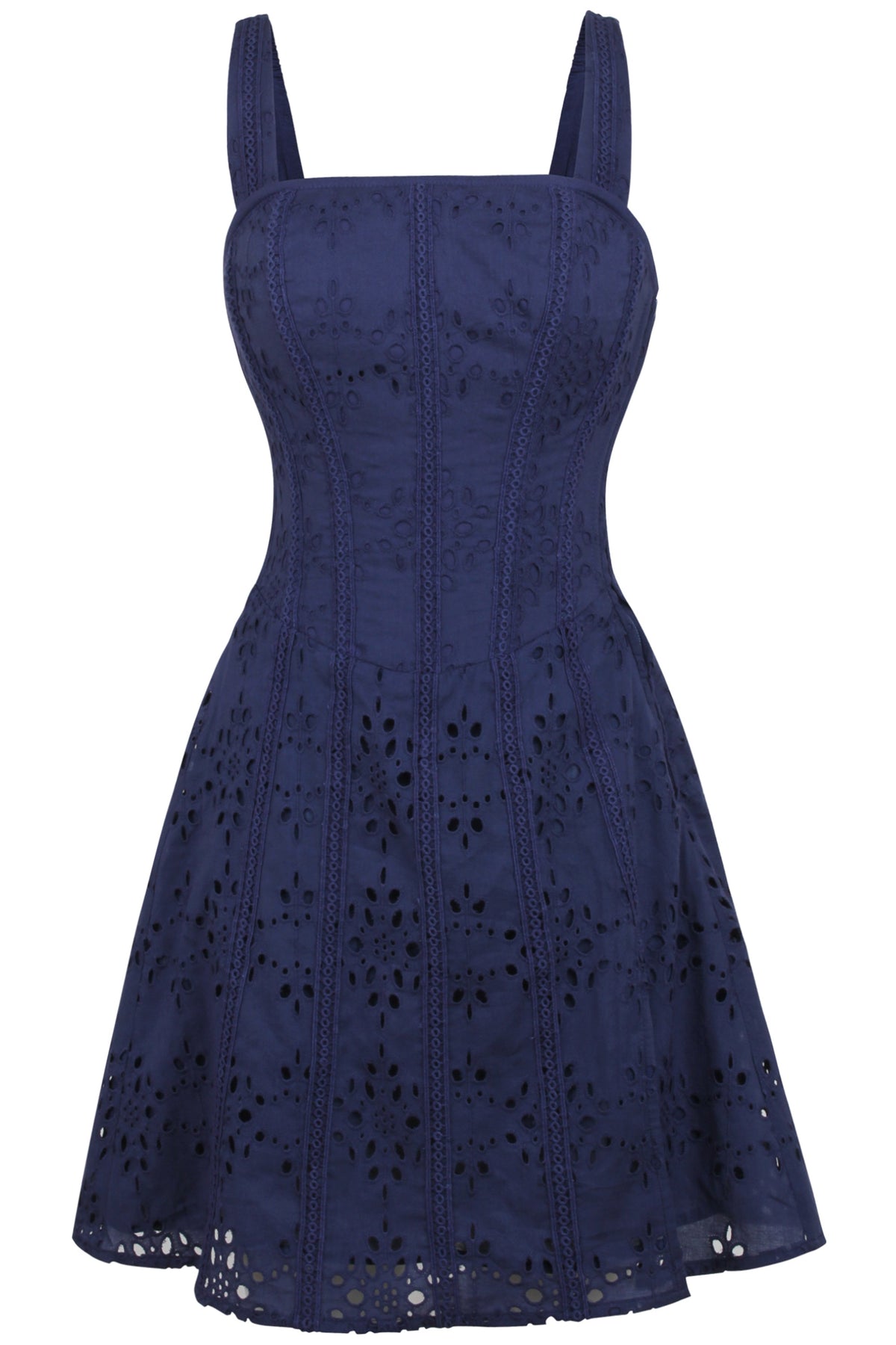 Veronica Summer Navy Broderie Anglaise Cotton Corset Dress With Straps
