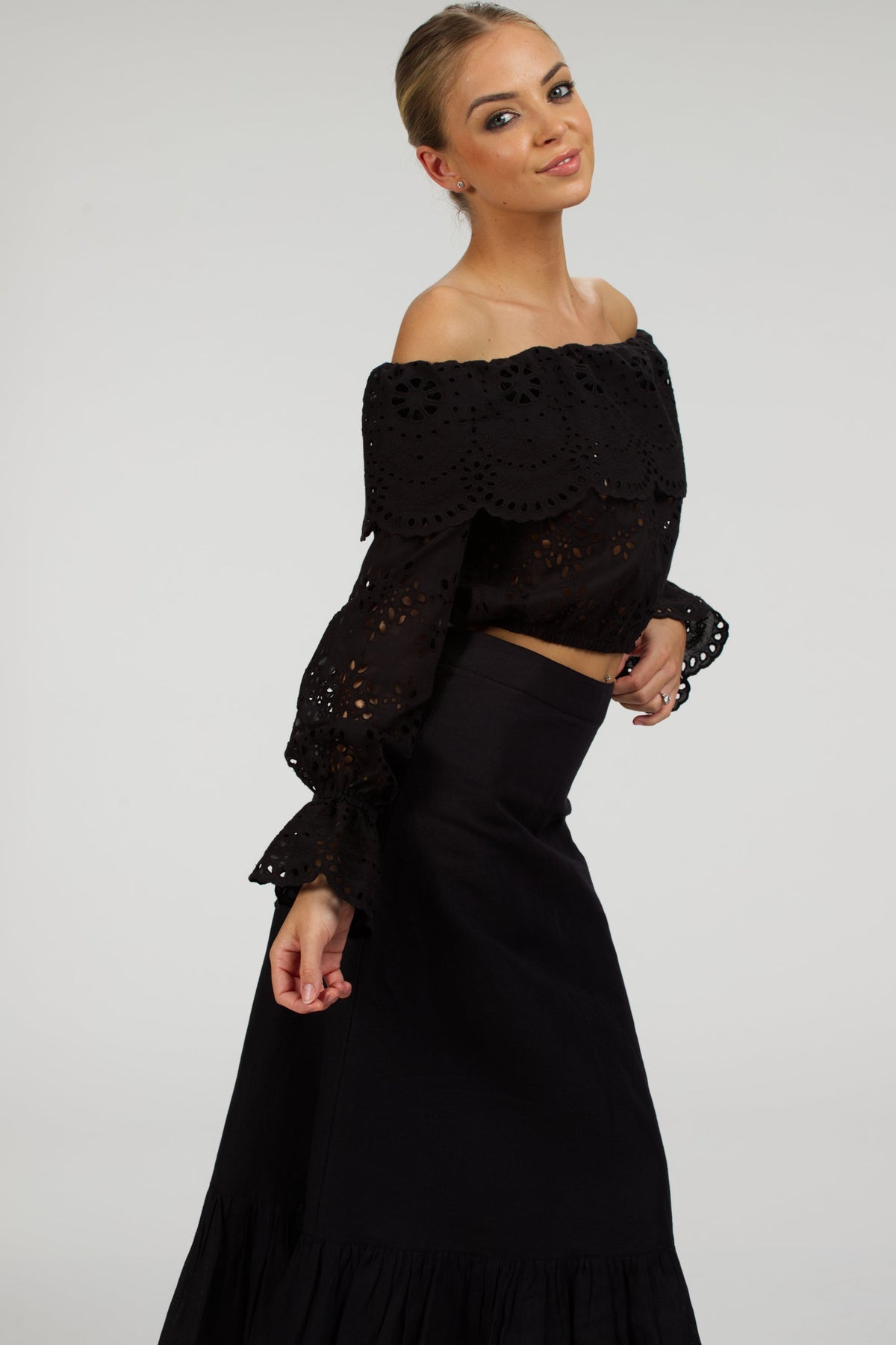 Rosalie Black Cotton Cropped Bardot Neckline Top