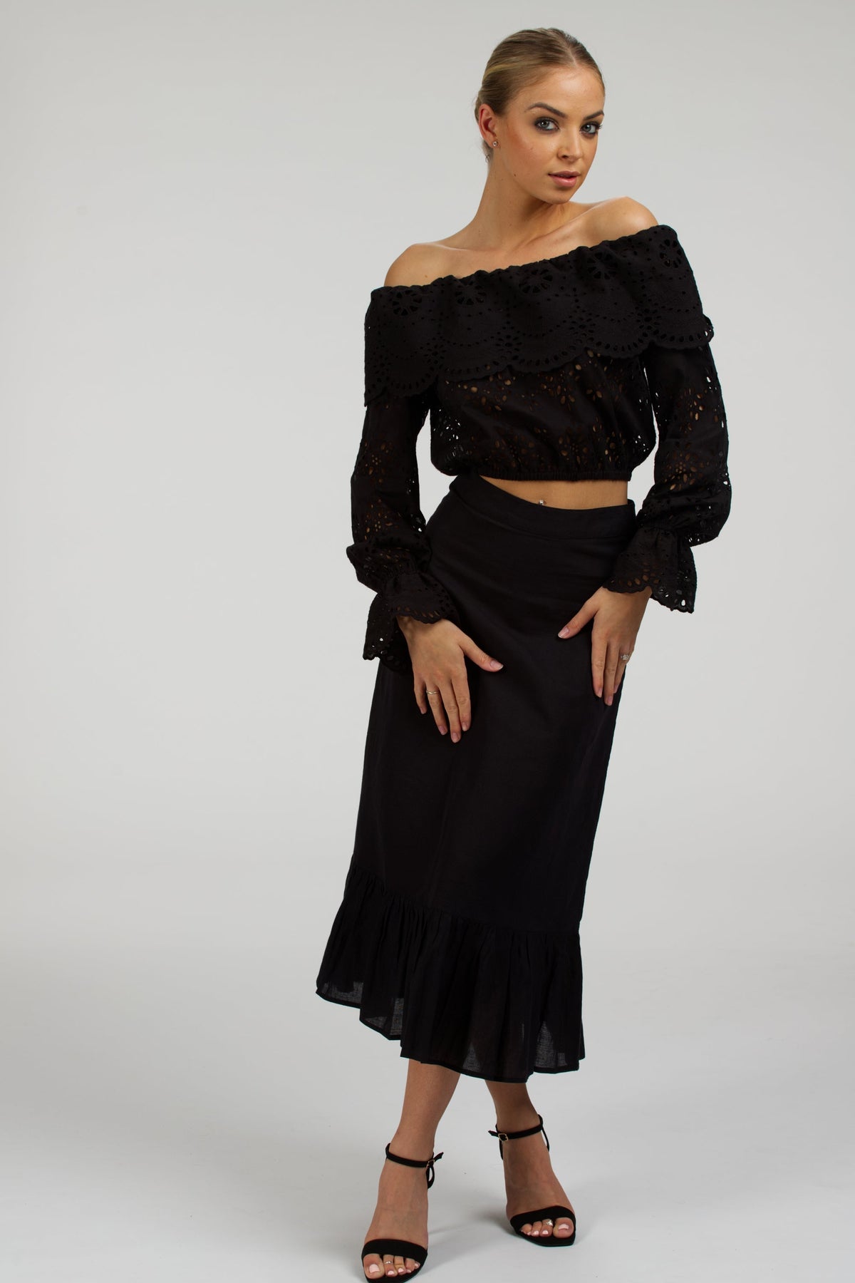 Rosalie Black Cotton Cropped Bardot Neckline Top