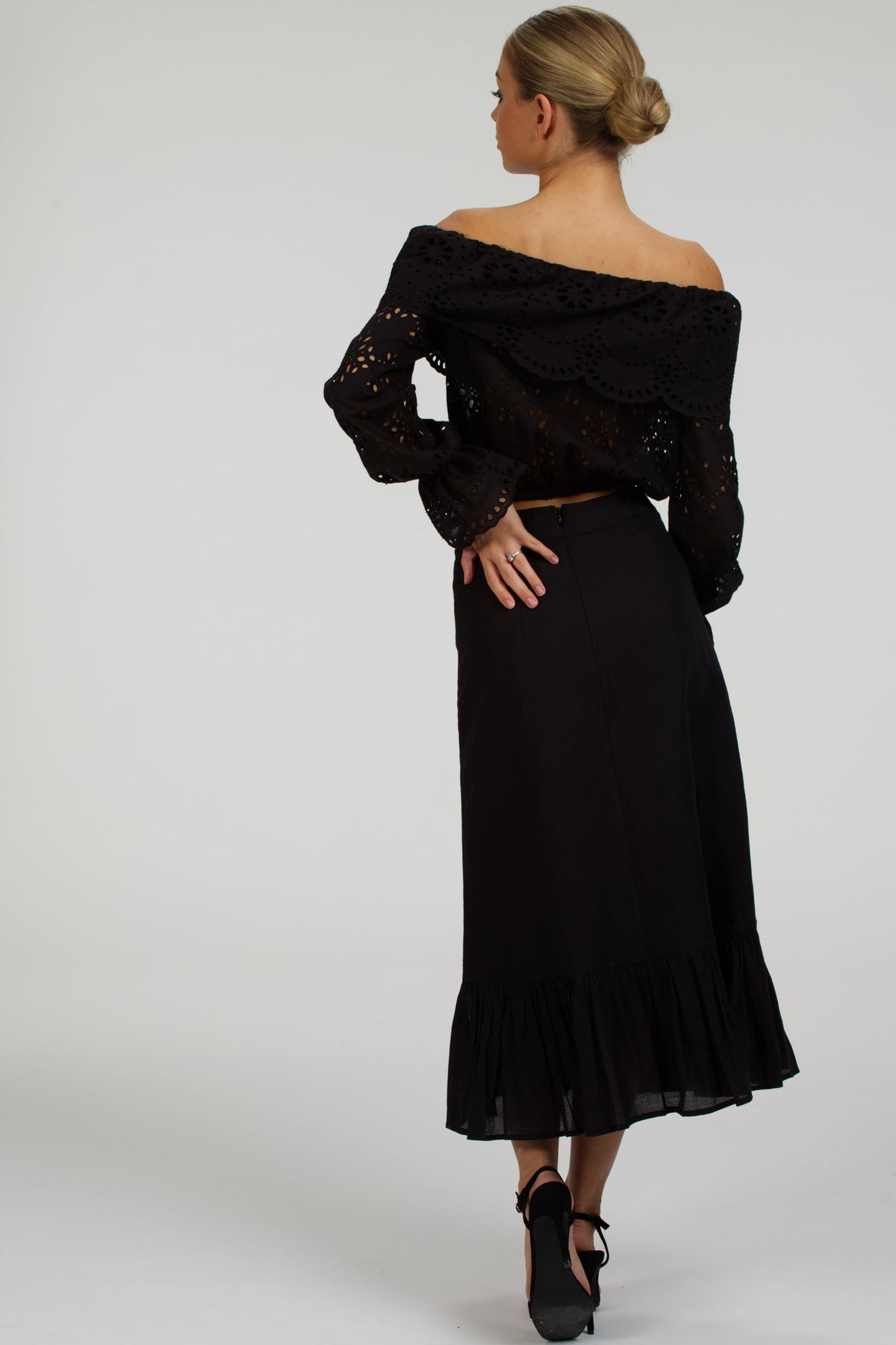 Rosalie Black Cotton Cropped Bardot Neckline Top