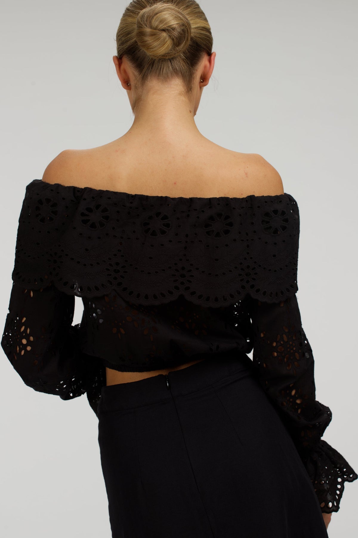 Rosalie Black Cotton Cropped Bardot Neckline Top