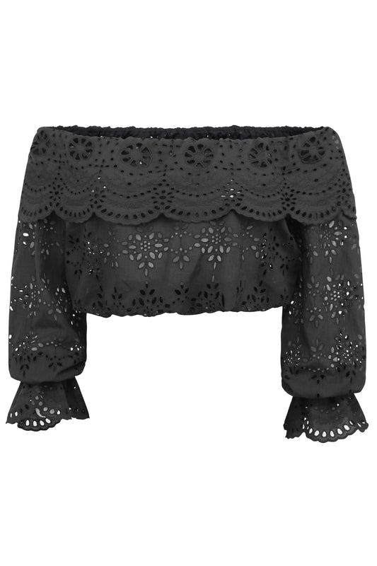 Rosalie Black Cotton Cropped Bardot Neckline Top