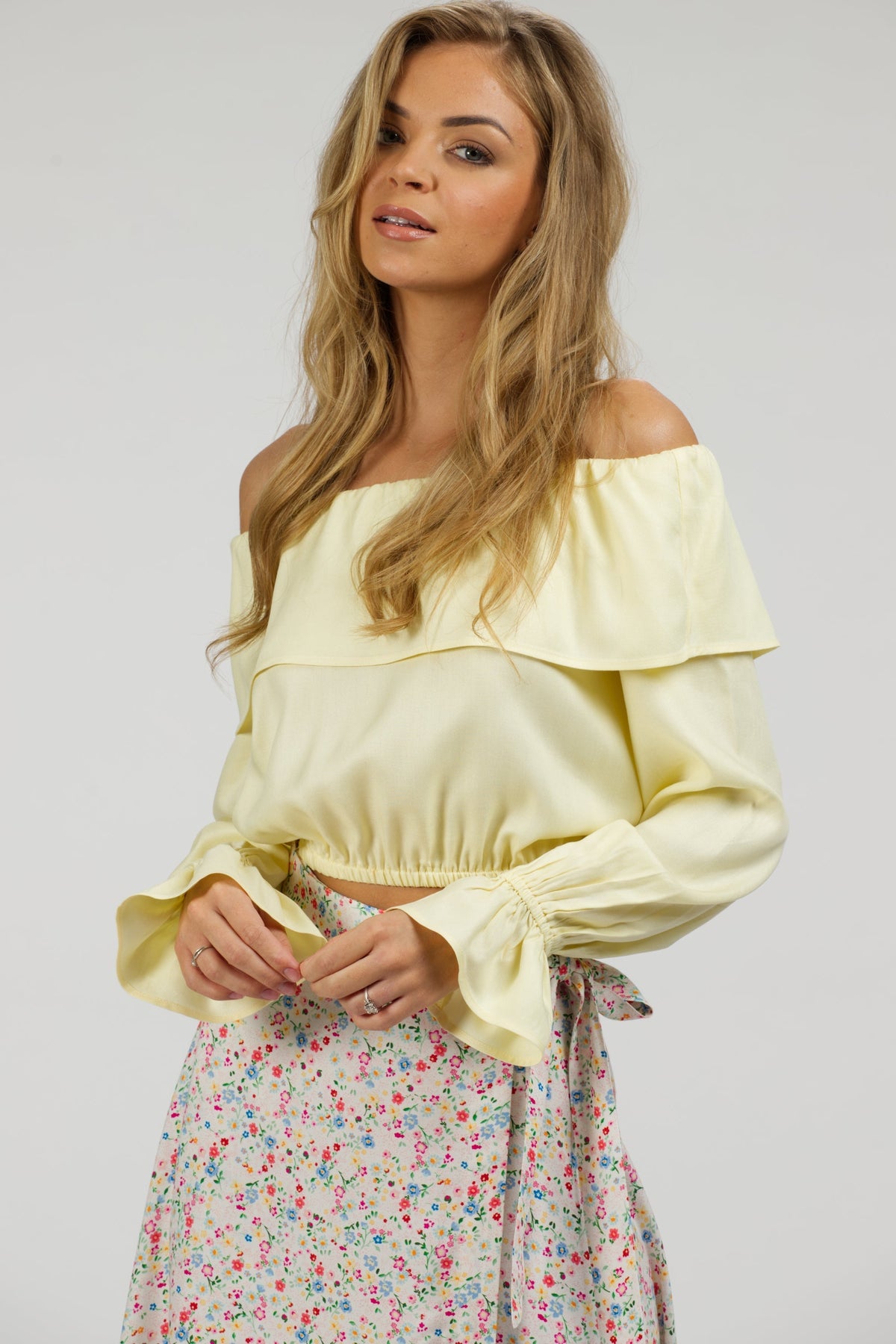 Rosalie Lemon Sorbet Viscose Cropped Bardot Neckline Top