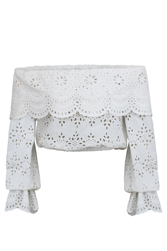 Rosalie White Broderie Anglaise Cotton Cropped Bardot Neckline Top