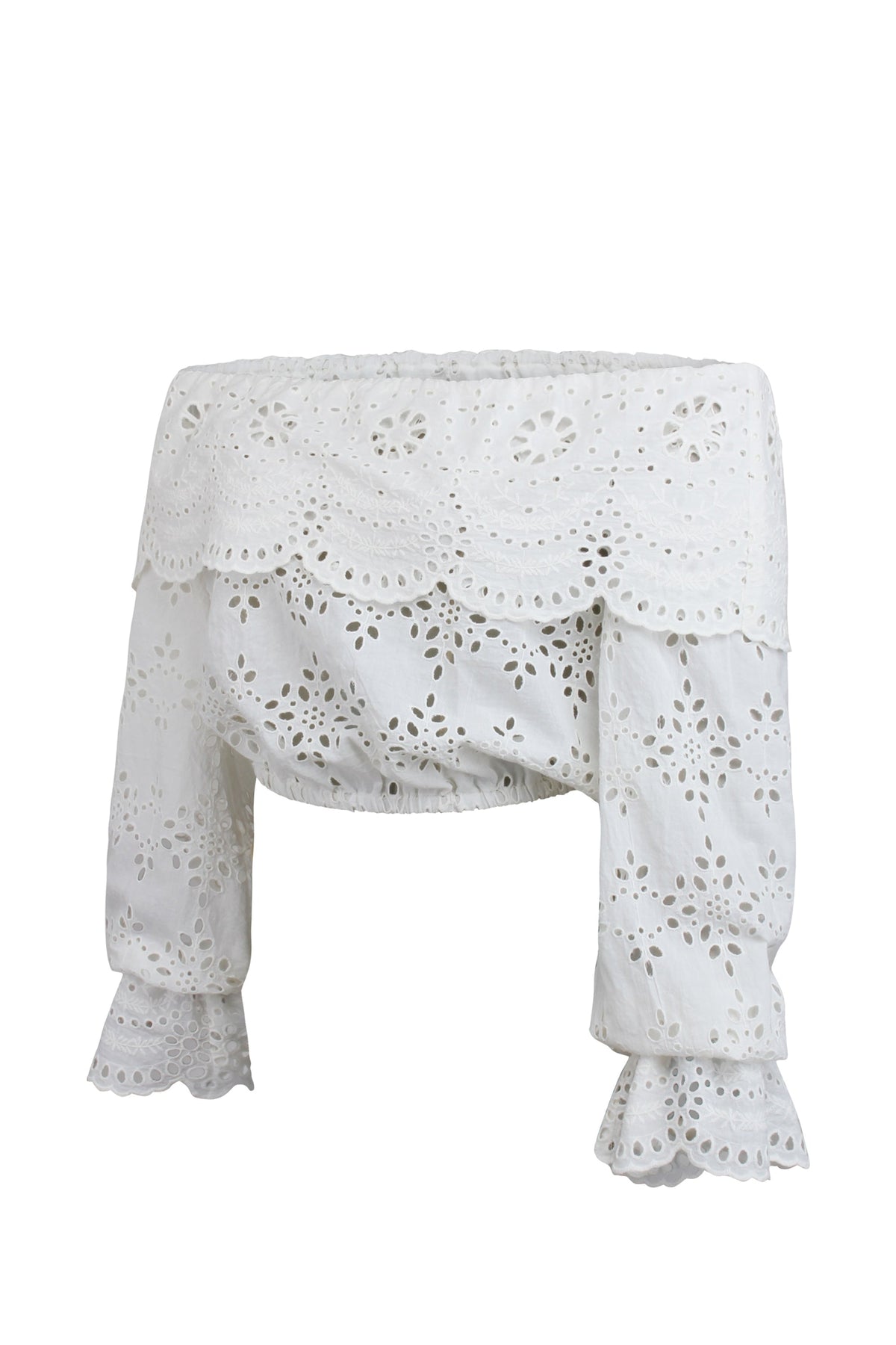 Rosalie White Broderie Anglaise Cotton Cropped Bardot Neckline Top