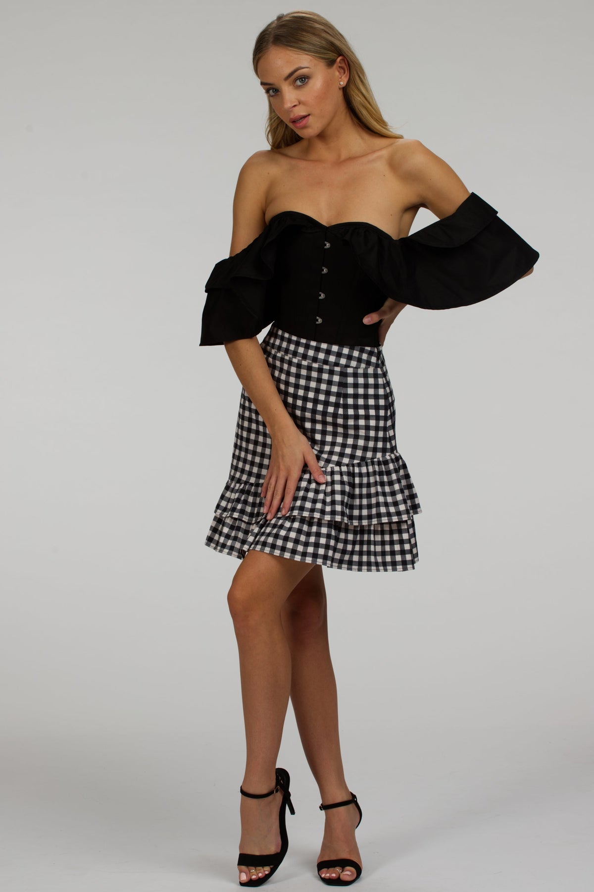 Sammy Black Gingham Cotton Skirt With Asymmetric Frill