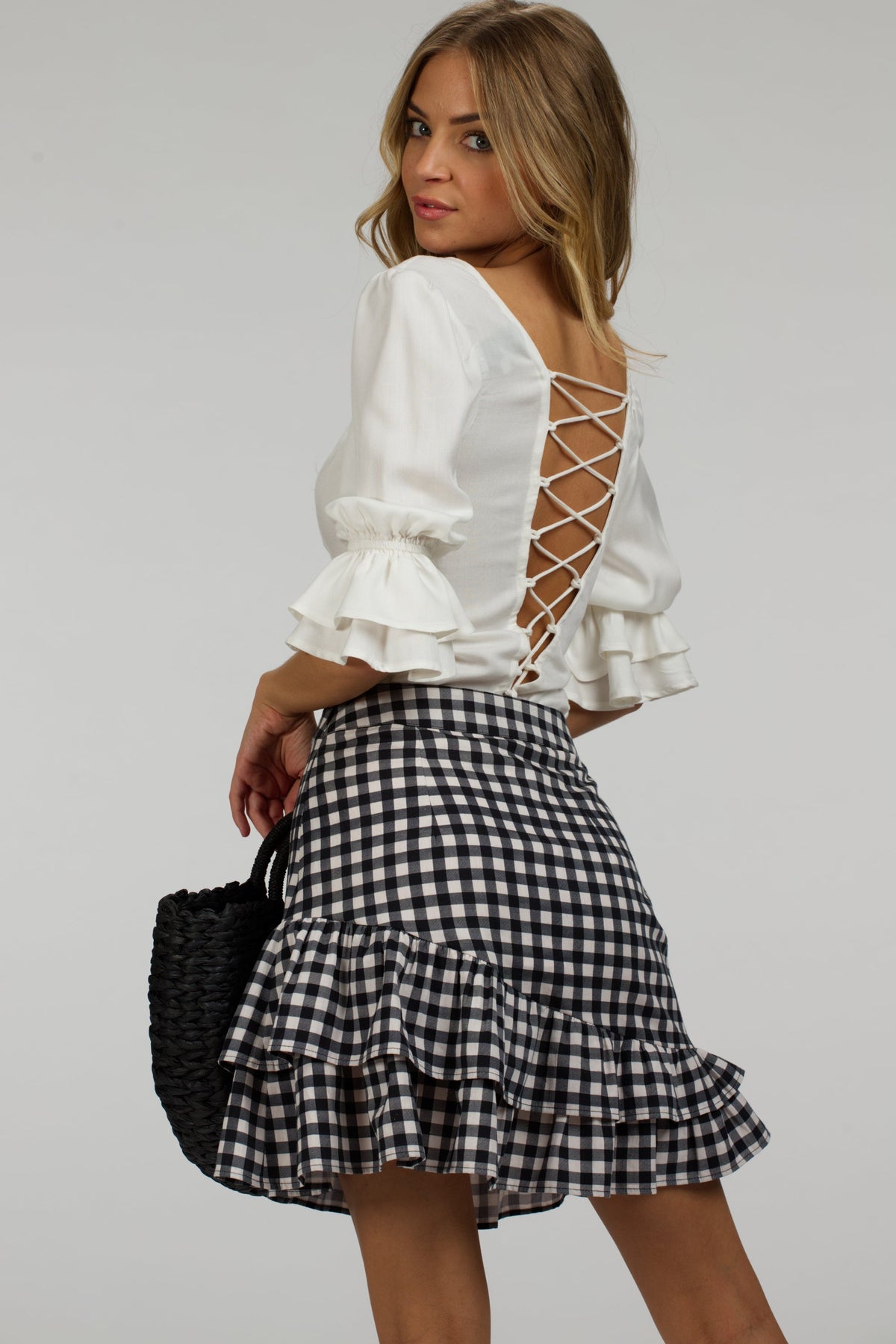 Sammy Black Gingham Cotton Skirt With Asymmetric Frill