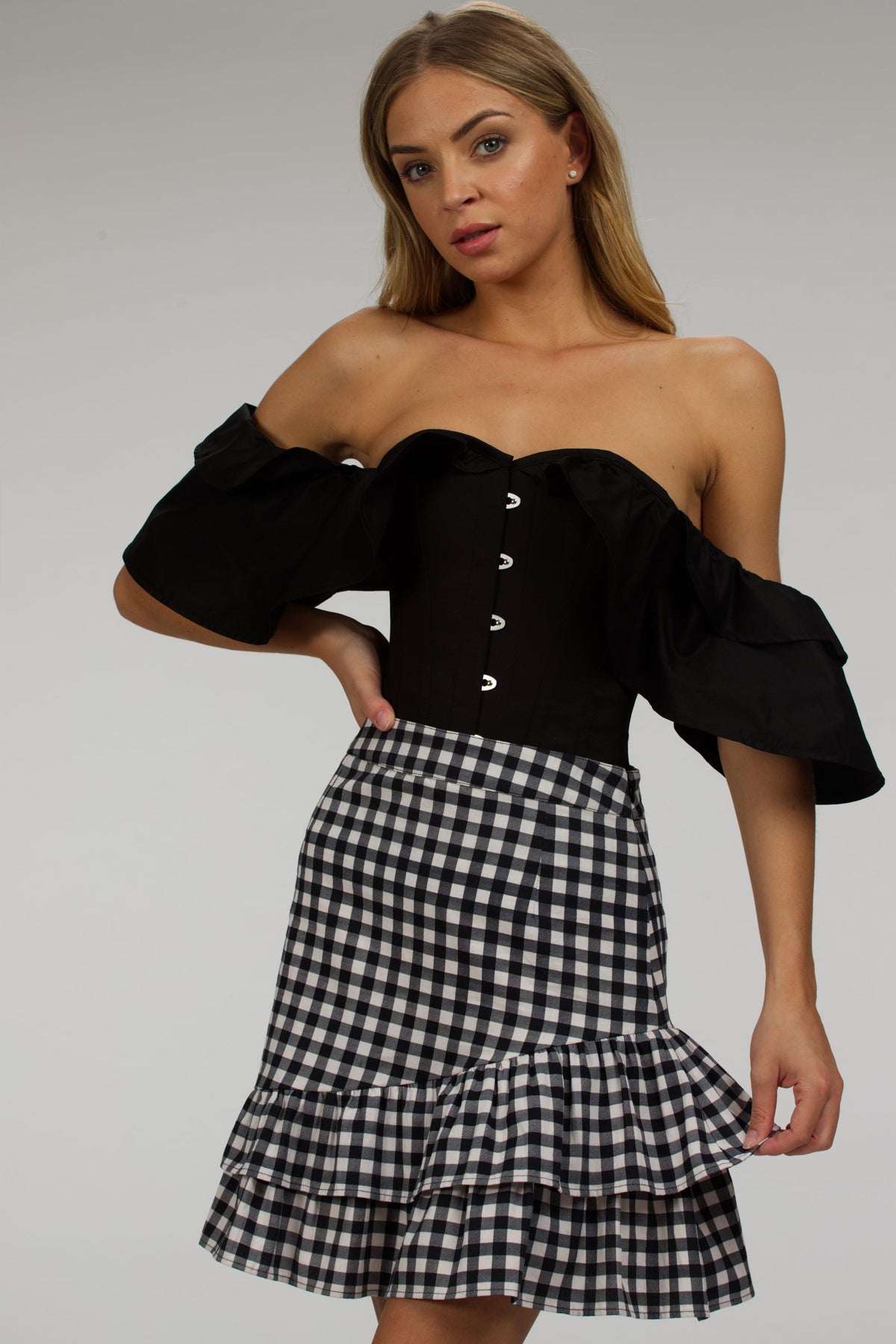 Sammy Black Gingham Cotton Skirt With Asymmetric Frill