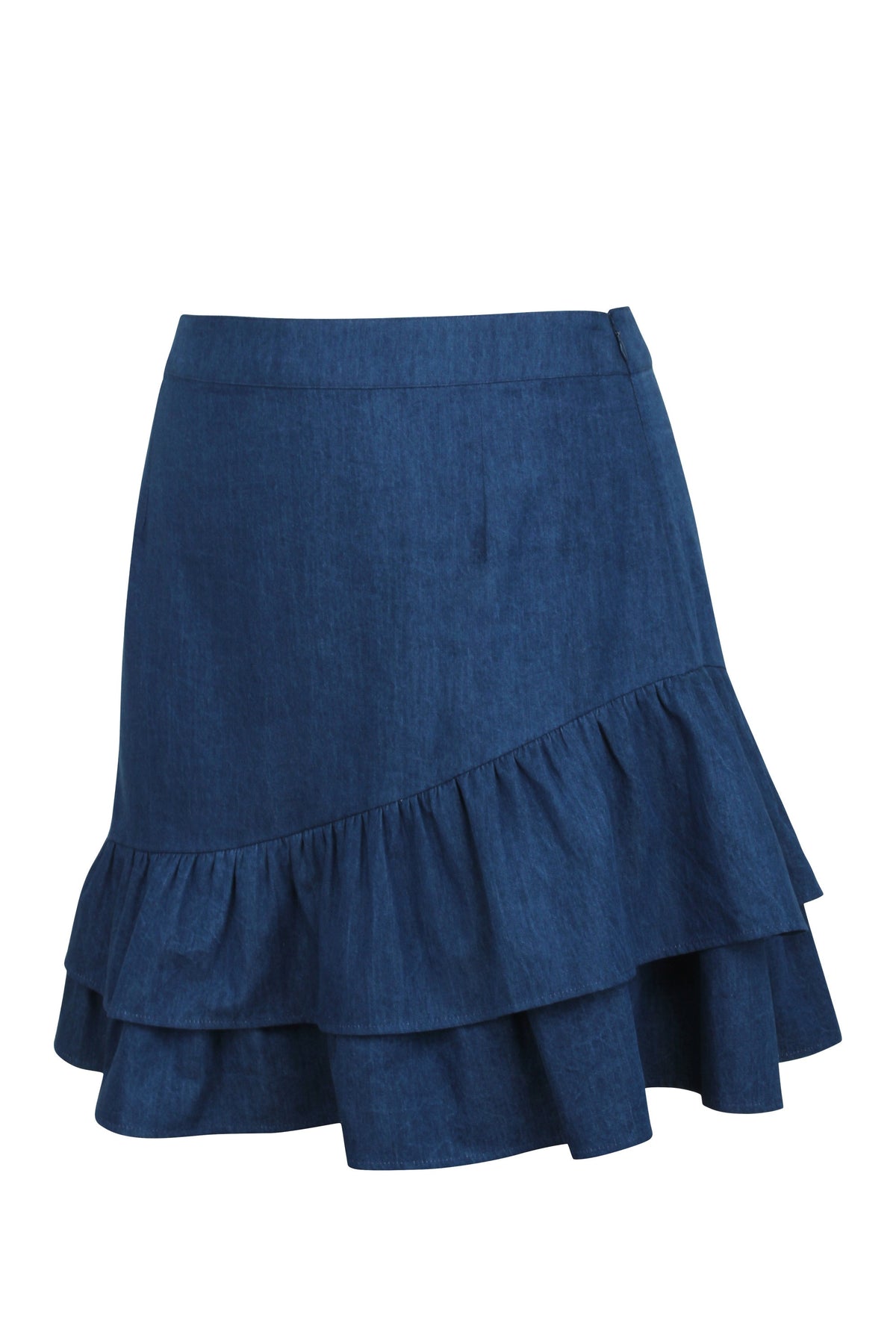 Sammy Blue Chambray Skirt With Asymmetric Frill