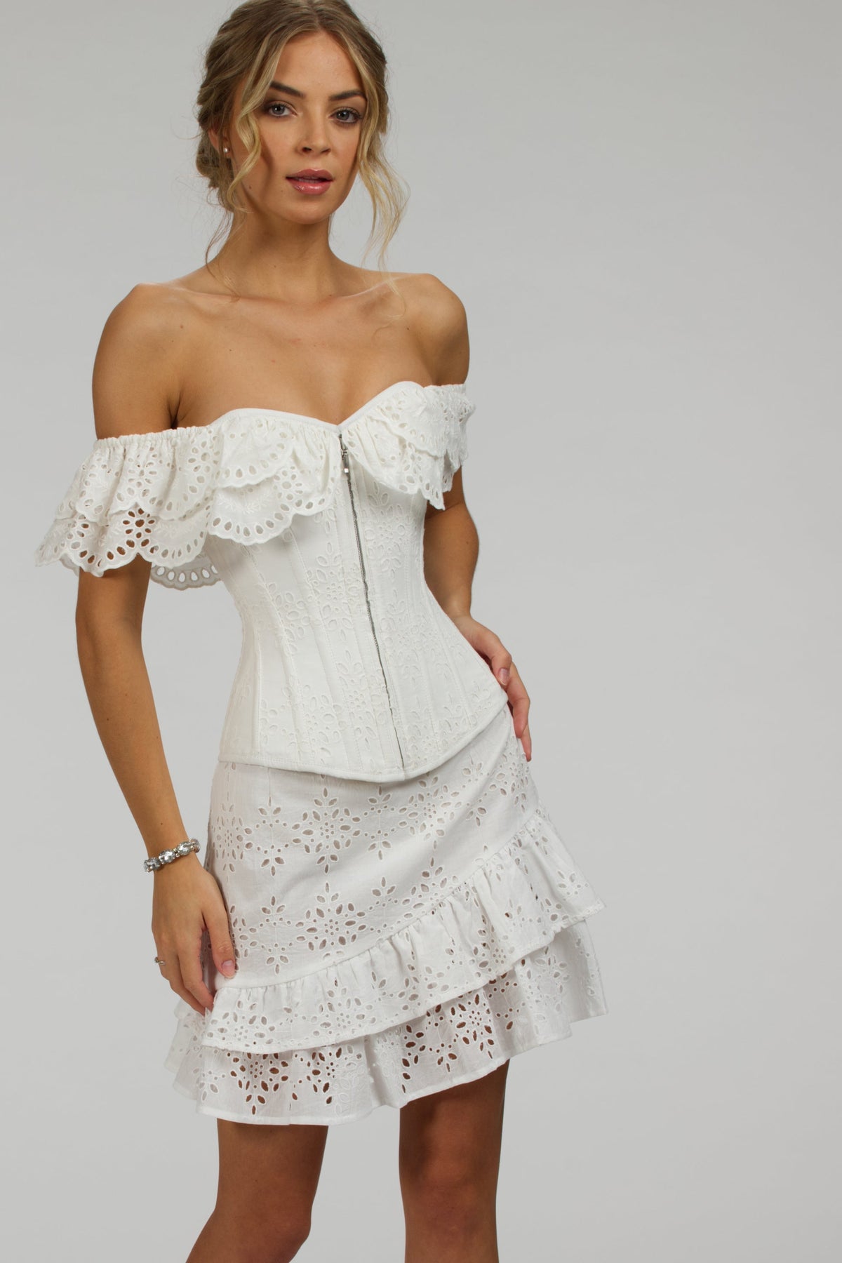 Sammy White Broderie Anglaise Cotton Skirt With Asymmetric Frill