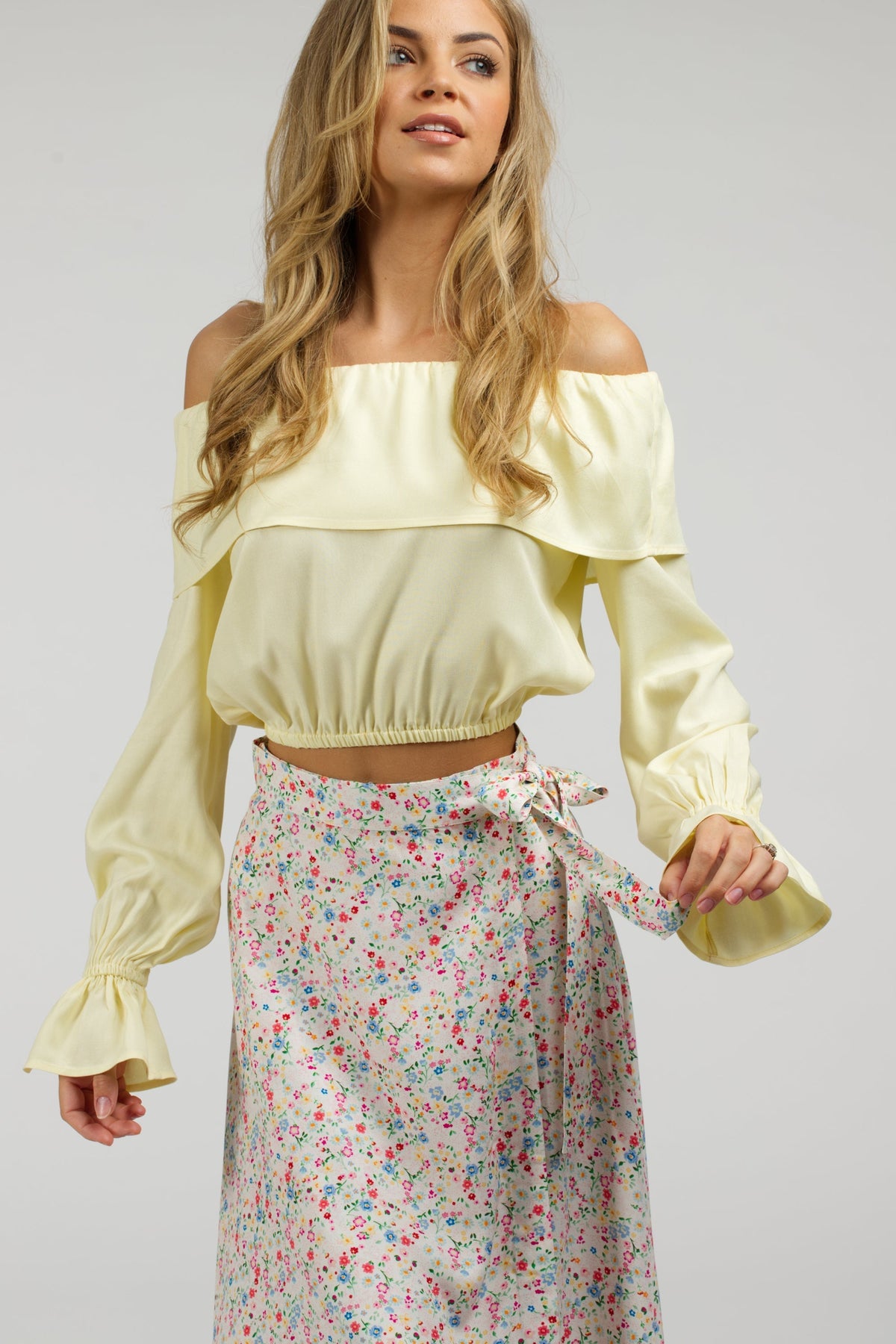 Rosalie Lemon Sorbet Viscose Cropped Bardot Neckline Top