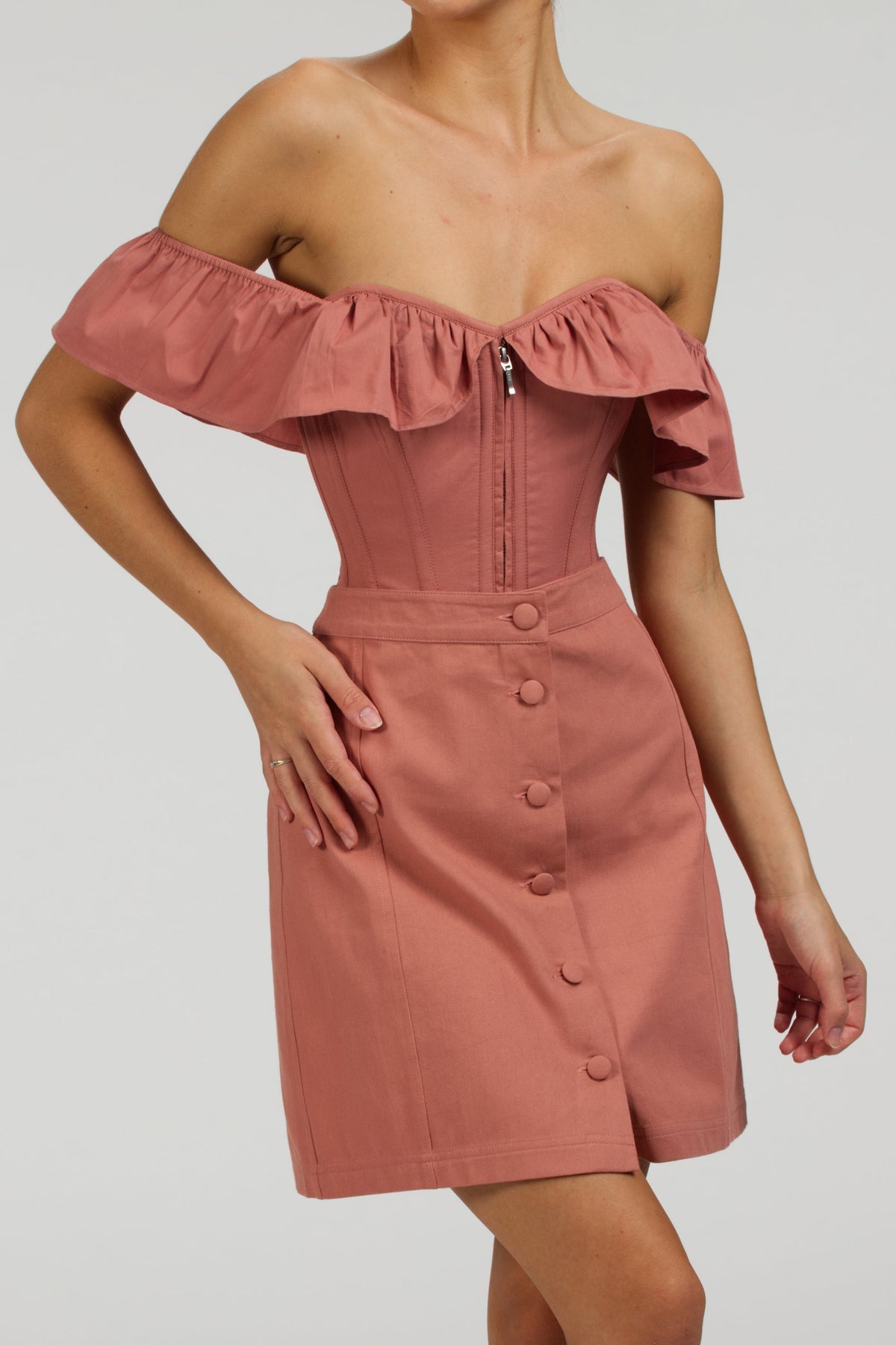 Poppy Dusk Rose Cotton Twill Skirt With Self Covered Buttons