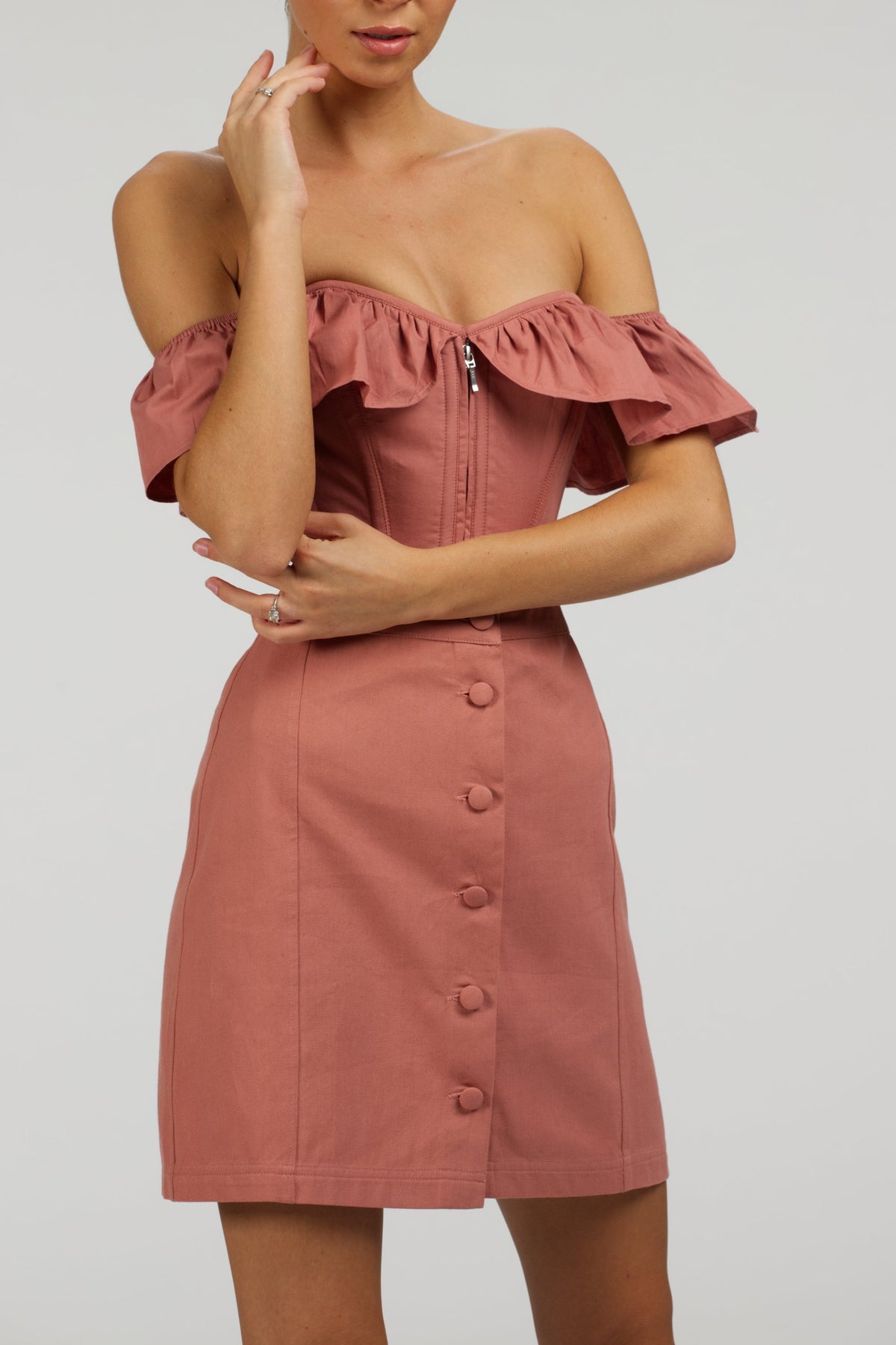 Poppy Dusk Rose Cotton Twill Skirt With Self Covered Buttons