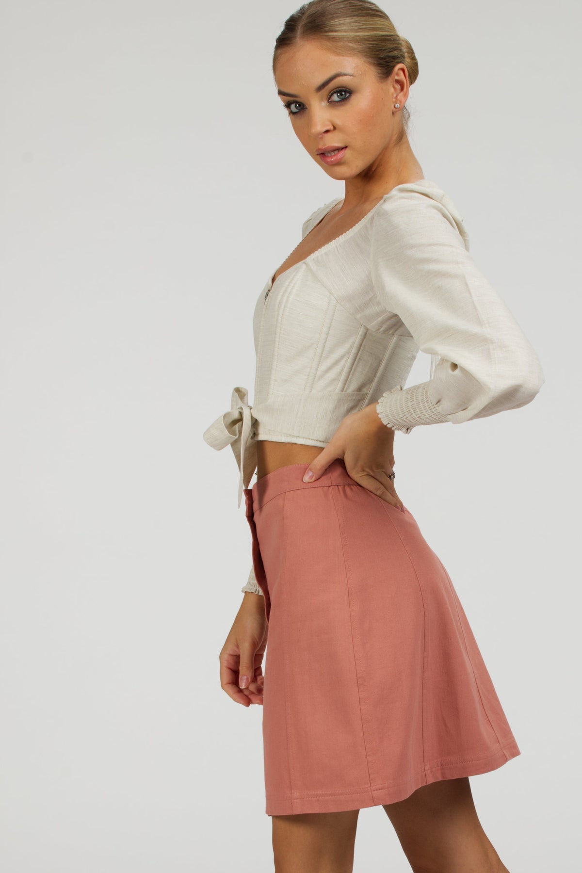 Poppy Dusk Rose Cotton Twill Skirt With Self Covered Buttons