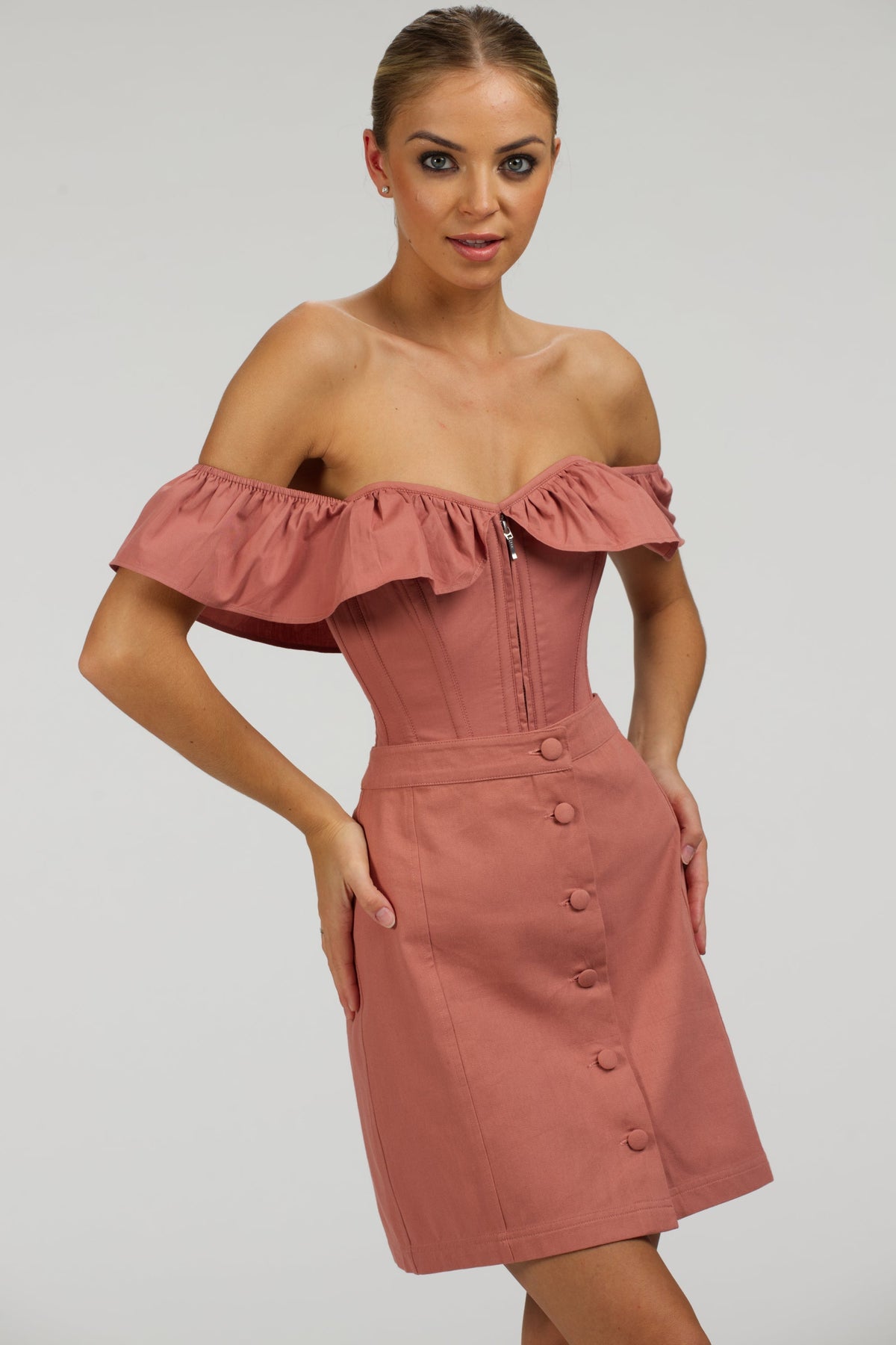 Poppy Dusk Rose Cotton Twill Skirt With Self Covered Buttons