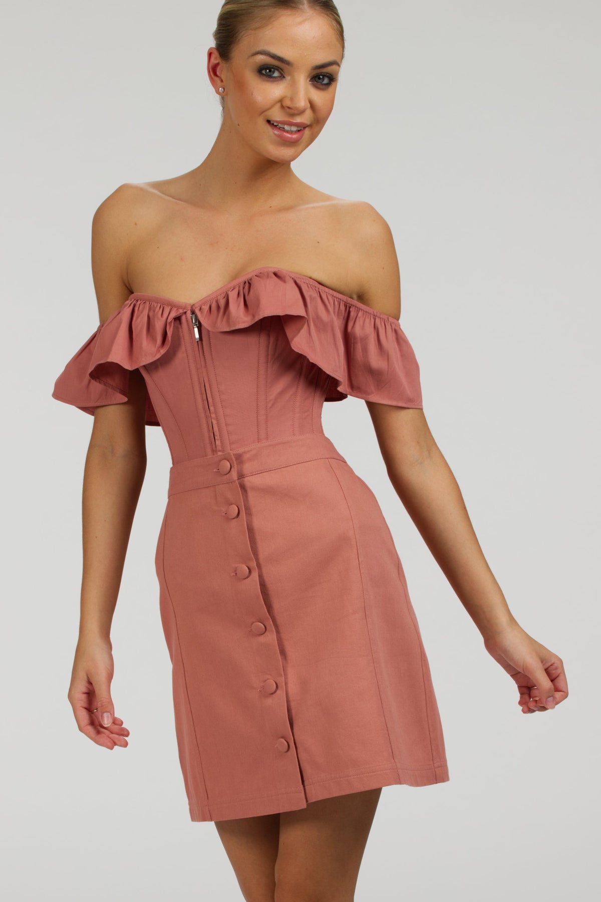 Poppy Dusk Rose Cotton Twill Skirt With Self Covered Buttons