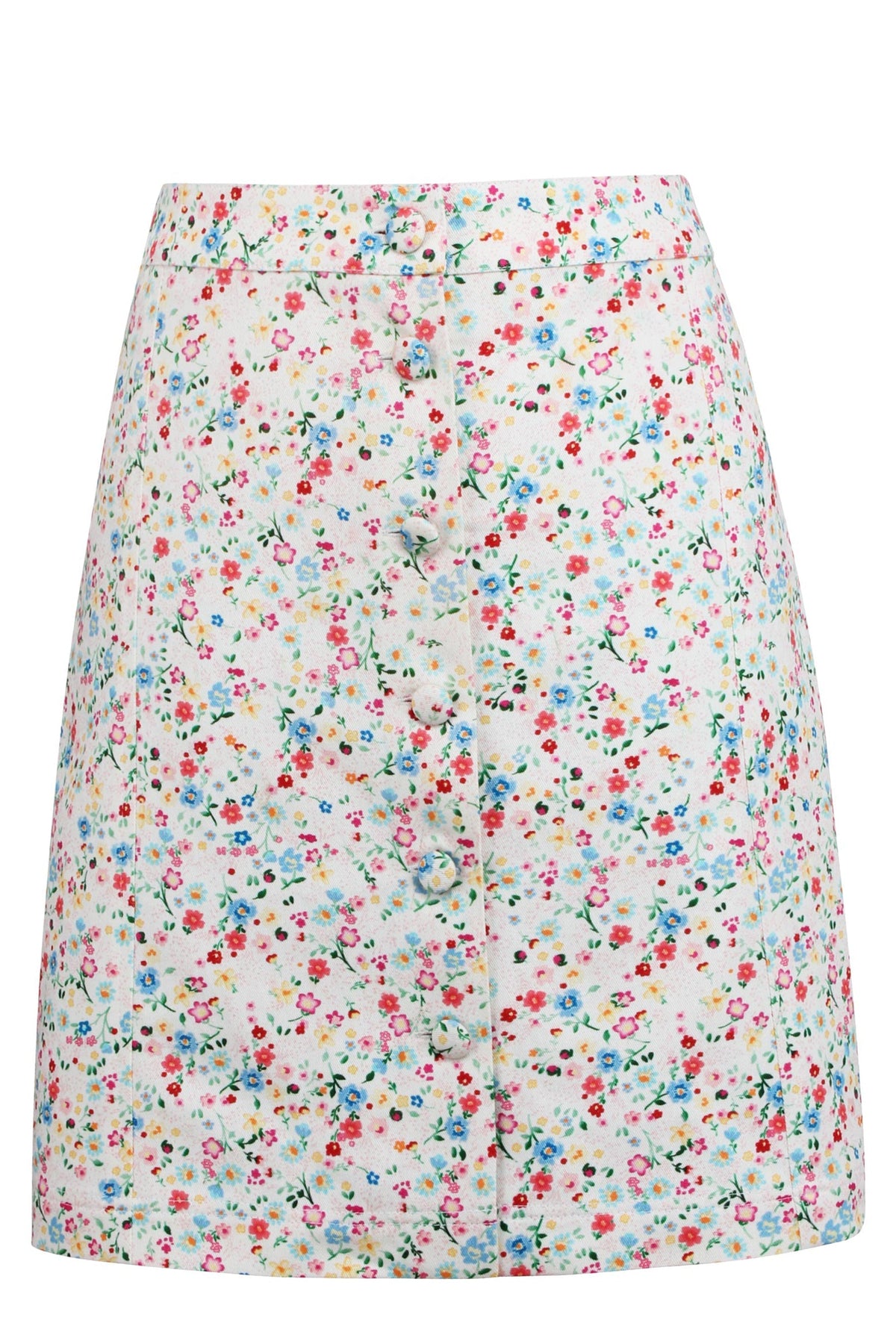 Poppy Ditsy Cotton Twill Skirt With Self Covered Buttons