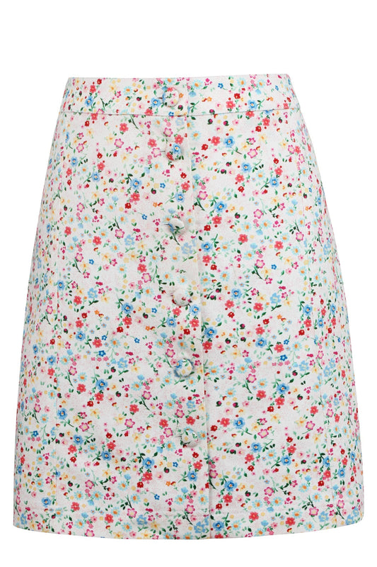 Poppy Ditsy Cotton Twill Skirt With Self Covered Buttons