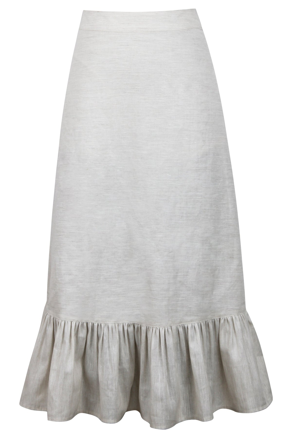 Olive Oatmeal Linen Blend Midi Skirt With Ruffle Hem