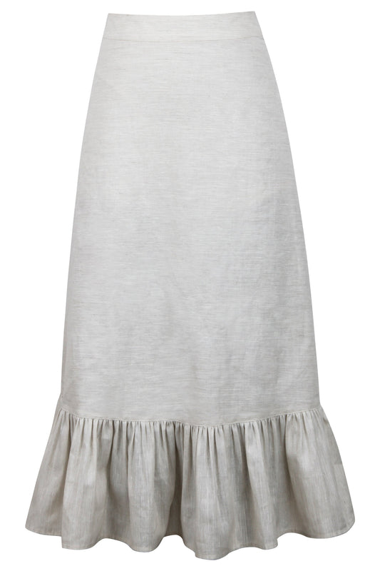 Olive Oatmeal Linen Blend Midi Skirt With Ruffle Hem
