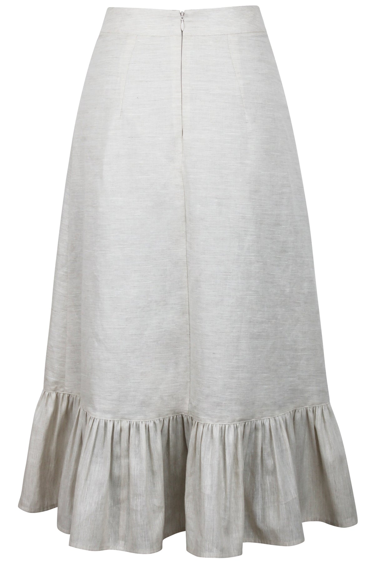 Olive Oatmeal Linen Blend Midi Skirt With Ruffle Hem